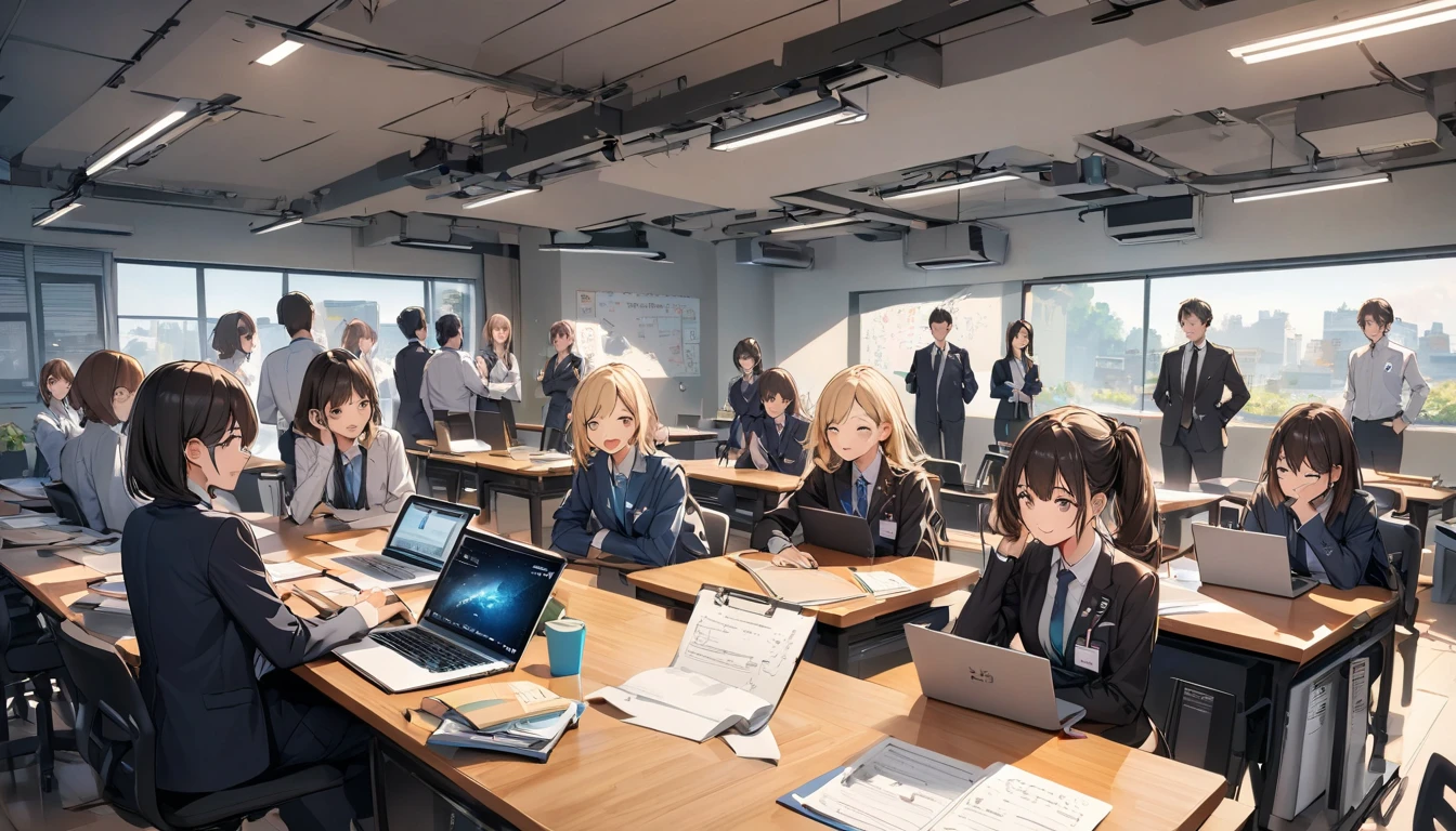 Classroom, many people, students, uniforms, many students, masterpieces, of the best quality, very detailed, standing, afraid,