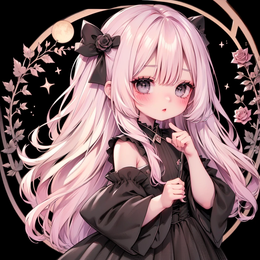  handsome face、Chibi、（ beautiful eyes、 long lashes）、Black clothes、Flared long sleeves、 Shoulder-baring  、One piece flare skirt、Rabbit with stuffed toy、Black and floral pink palette、Gothic Shoes、Positive、Black Rose、🌙、perfect anatomy、heart、