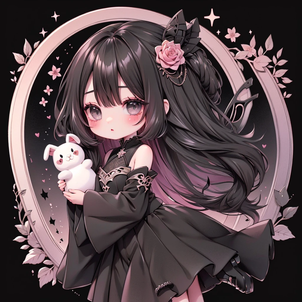  handsome face、Chibi、（ beautiful eyes、 long lashes）、Black clothes、Flared long sleeves、 Shoulder-baring  、One piece flare skirt、Rabbit with stuffed toy、Black and floral pink palette、Gothic Shoes、Positive、Black Rose、🌙、perfect anatomy、heart、