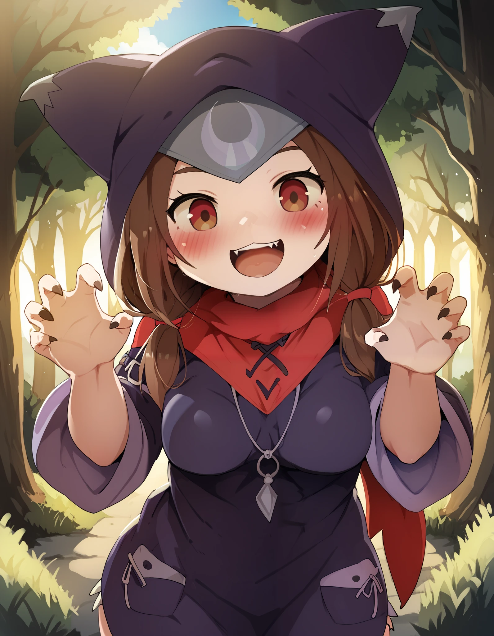 score_9, score_8_up, score_7_up, rating_ safe, solo, 1girl, Dagashi_(Daga2626), brown_hair, brown_eyes, low_twintails, breasts, animal_hood, (animal_ears), (hood_up), kigurumi, claw_pose, looking_at_viewer, happy, outdoors, forest