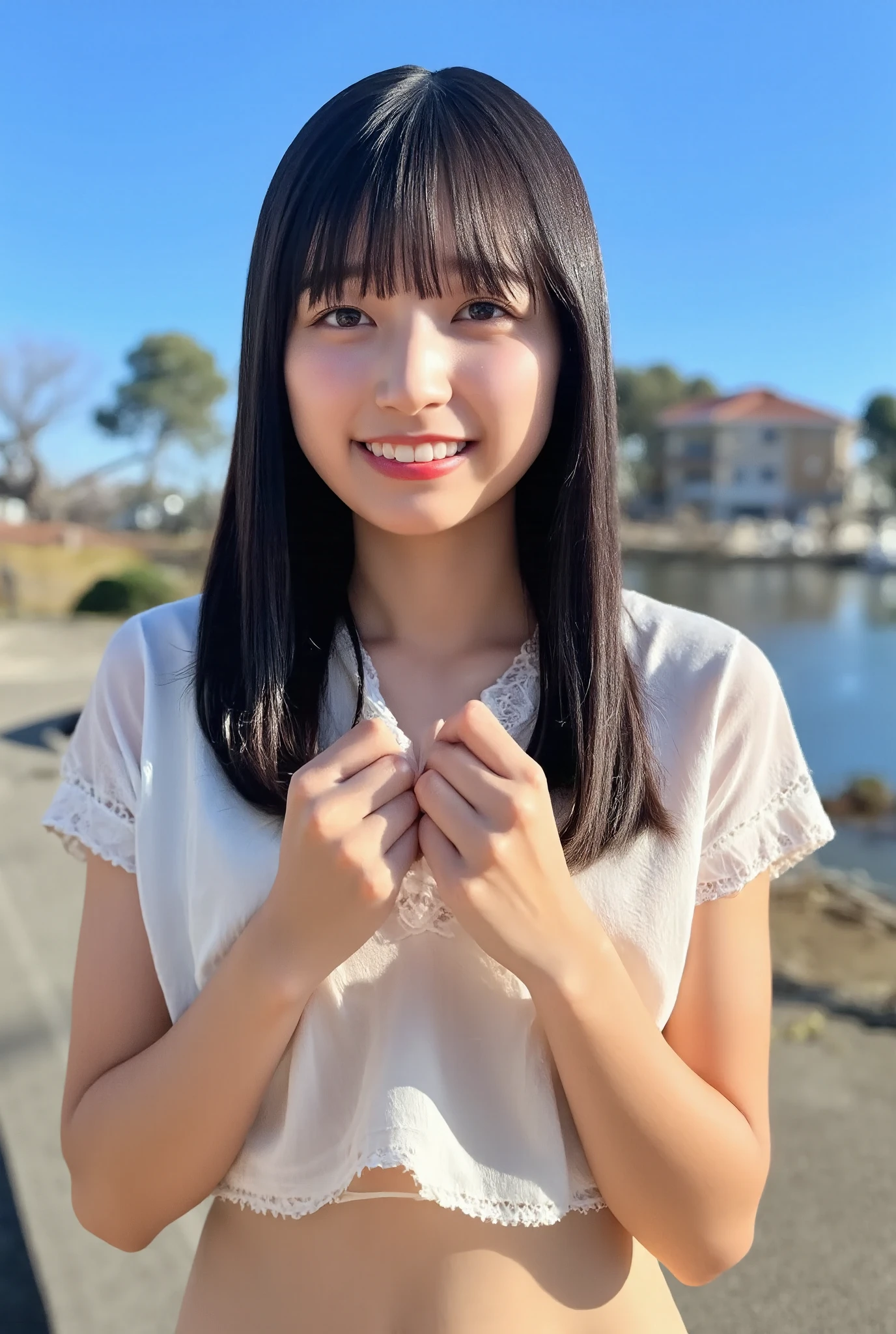 A high resolution photograph of a young Japanese woman, intricate details, volumetric lighting, sharp focus, solo, 1girl, posing for gravure photography, (full frontal, completely nude, naked, sitting on the chair, covering own nipples with both hands making a fist :1.4), slender body, fair skin, detailed face, detailed eyes, sophisticated nose, lewdlook, (perfect hand, perfect anatomy, correct anatomy), outdoors, resort beach, blue sky, summer,