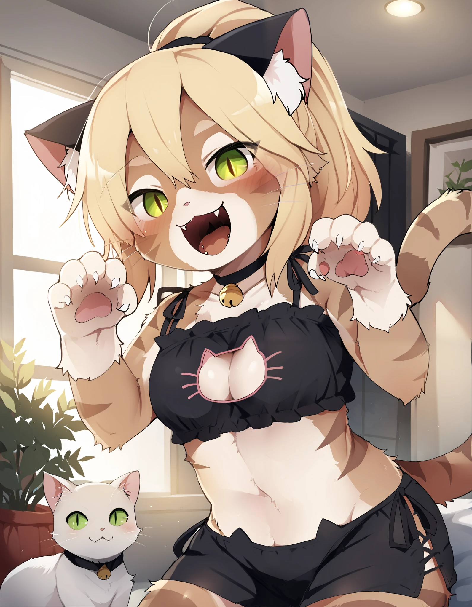 score_9, score_8_up, score_7_up, rating_ safe, solo, 1girl, Dagashi_(Daga2626), cat_girl, cat_ears, cat_tail, breasts, paw_pose, cat_lingerie, happy, fangs, open_mouth, looking_at_viewer, indoors, fur, furry, body_fur, brown_fur, blonde-eyes, slit_pupils, ponytail, red_hair