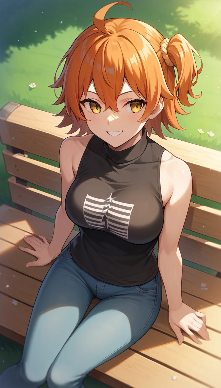 ((1 girl)), ritsuka ,  short hair,  orange hair,  smiling, one side up, collector, collector naranja,  Yellow Eyes , breasts, jean azul, black shirt, sleeveless,  High resolution, ultra-sharp, 8K,  masterpiece,  looking at the spectator, (( masterpiece)), (( high definition )), (( lyrics)), anime badass 8K,  better noise removal ,  The best quality, best render , ritsuka  niña pequeña,  smiling de alegría,  sitting on a wooden bench in the park, ritsuka  joven, ritsuka  e, jeans color azul, black shirt, sleeveless,  looking to the side ,  smiling