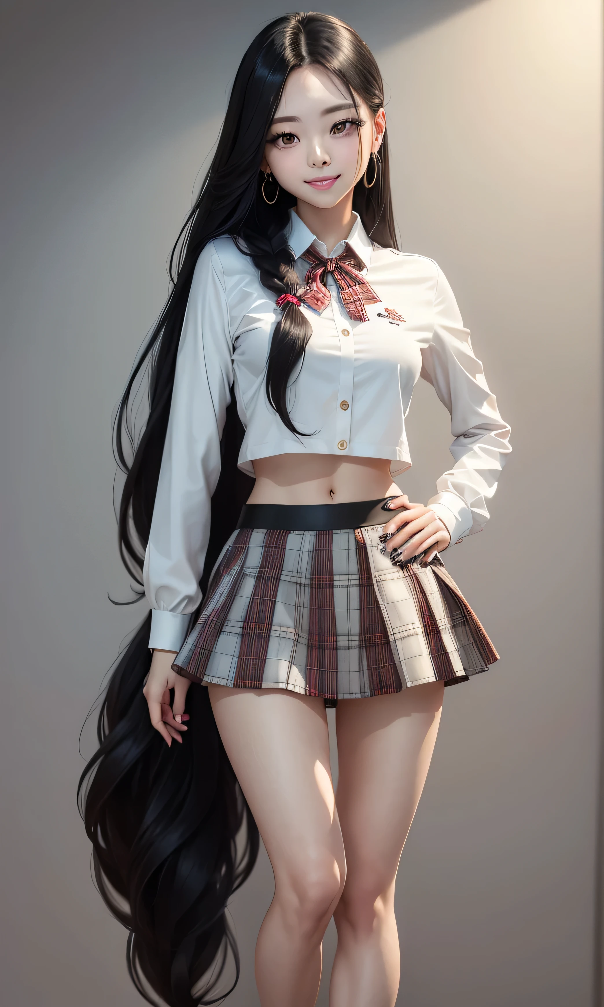  masterpiece, high detail, 1 teenage girl, Yuna de Itzy, slim, beautiful,  Korean, Kpop,  long hair ,  black hair ,  black eyes, cuerpo entero, standing, flat stomach,  cute legs,  white skin , detail in the hands, red skirt, white shirt with plaid collar, black tie, ties, Tender Pose, smile,  Shoes,