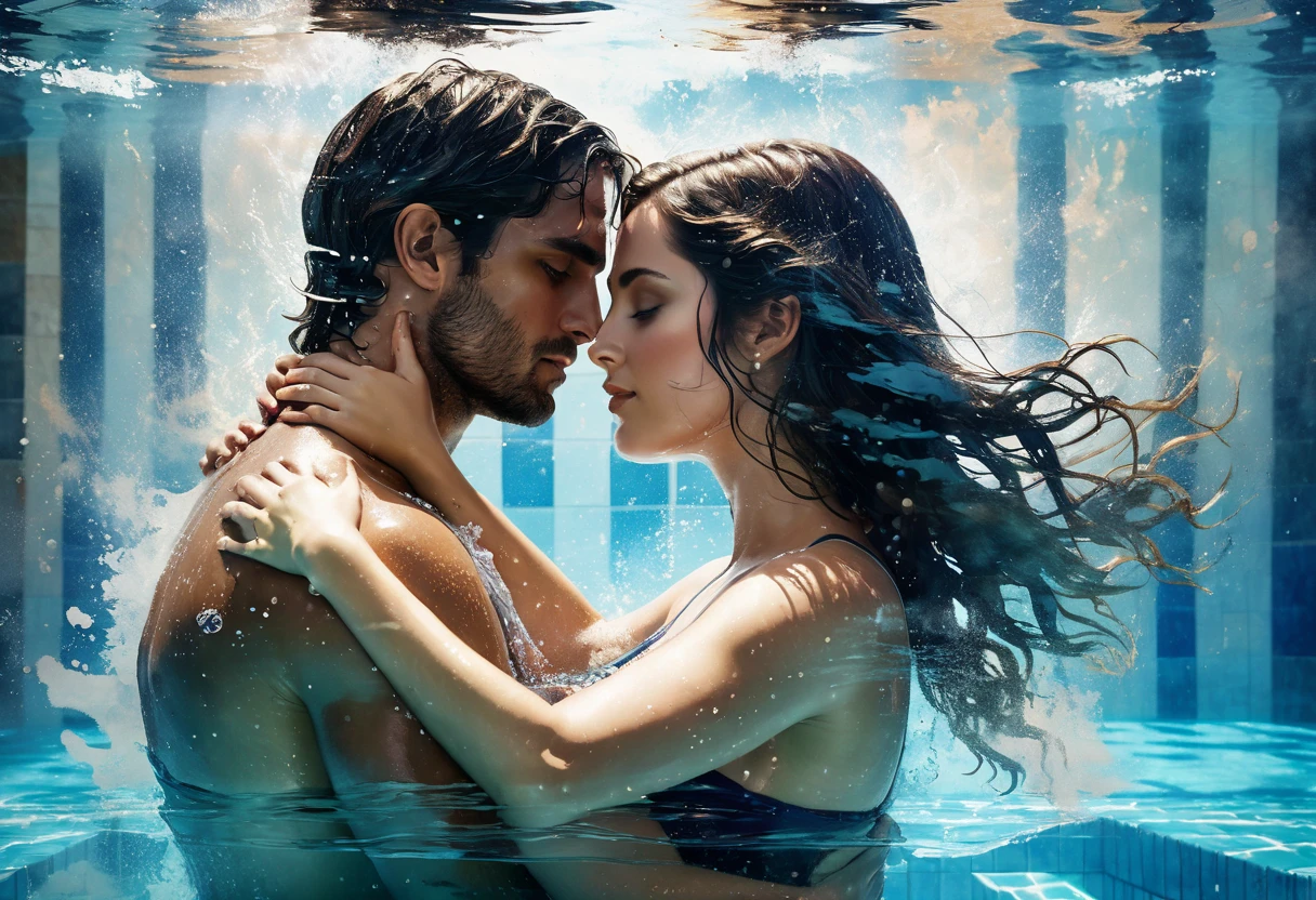  the theme of the epic film in realistic style , , the double-exposure image ,  combining the silhouette of a gorgeous goddess as the main focus,  with a hugging passionate couple in  [ of a Roman public swimming pool ] as a basis inside a girl ,  the canvas background is made with blurred watercolors ,  overdetailed .  attention to detail . Photographic clarity.