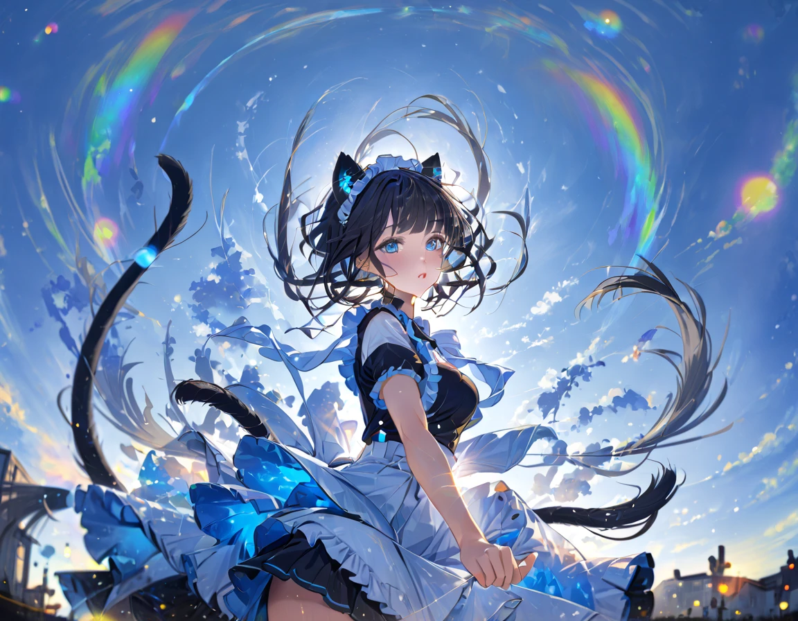 1girl, absurdly long black hair blunt bangs, blue eyes, cat ears, cat tail, chestnut mouth, large breast, open shoulder maid uniform, high waist short skirt, wind browing, floating hair, white background, contrapposto, cool expression, from below, look at viewer, soft focus, lens flare, masterpiece, best quality, vivid light color, Vector Art, 2D flat, simple shapes, professional graphic, flat color, Sleek design, 1girl, absurdly long black hair blunt bangs, blue eyes, cat ears, cat tail, chestnut mouth, large breast, open shoulder maid uniform, high waist short skirt, wind browing, floating hair, white background, contrapposto, cool expression, from below, look at viewer, soft focus, lens flare, masterpiece, best quality, Matte frosted color, Vibrant colors, Layering impasto (oil painting:1.1), ultra-detailed texture, perfect composition, intricate details, high resolution, High contrast, sharp focus, Delicate brushwork, ,AddXL,Dream Scenery