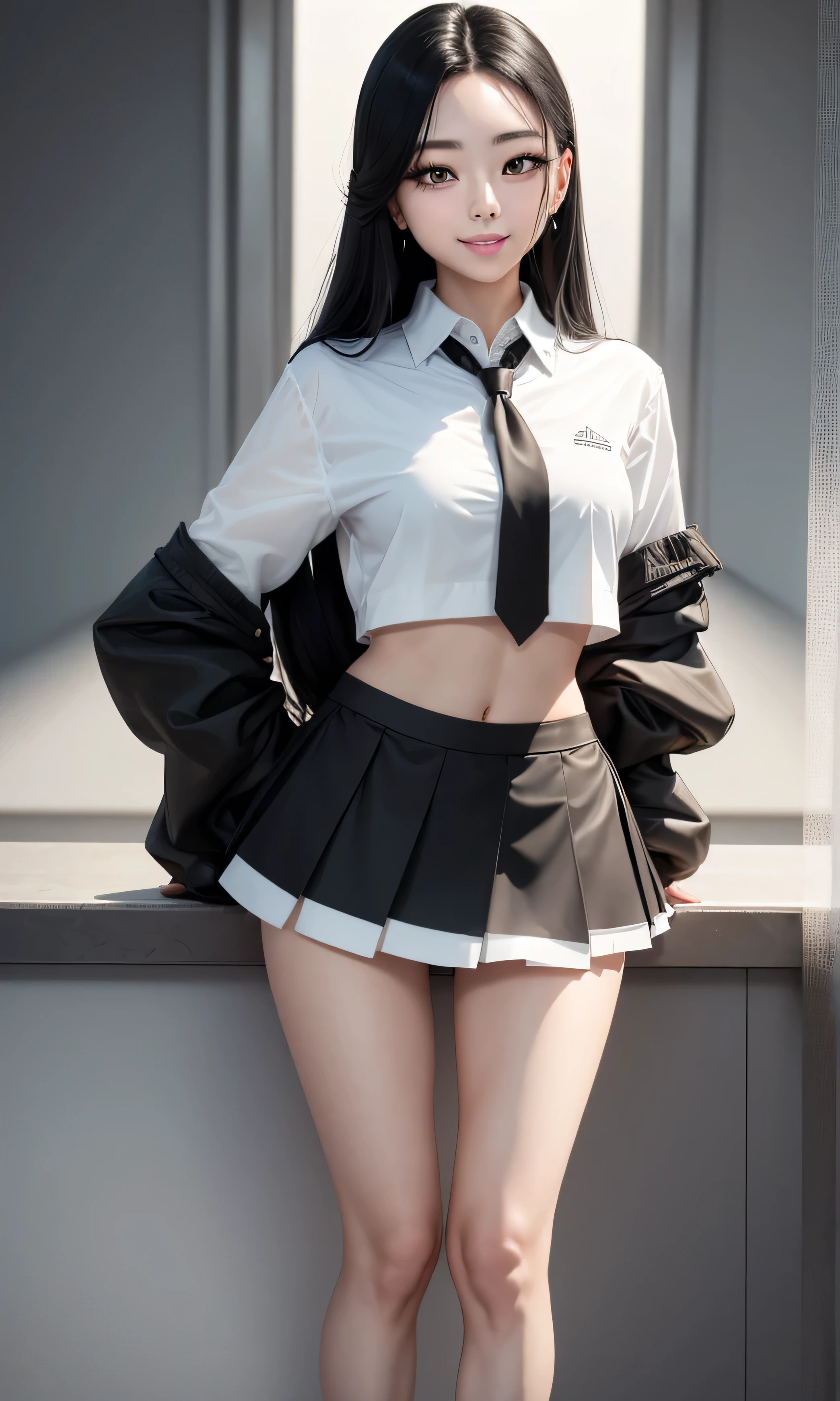  masterpiece, high detail, 1 teenage girl, Yuna de Itzy, slim, beautiful,  Korean, Kpop,  long hair ,  black hair ,  black eyes, cuerpo entero, standing, flat stomach,  cute legs,  white skin , detail in the hands,  black skirt , white shirt with black collar, black tie, ties, Tender Pose, smile,  Shoes,