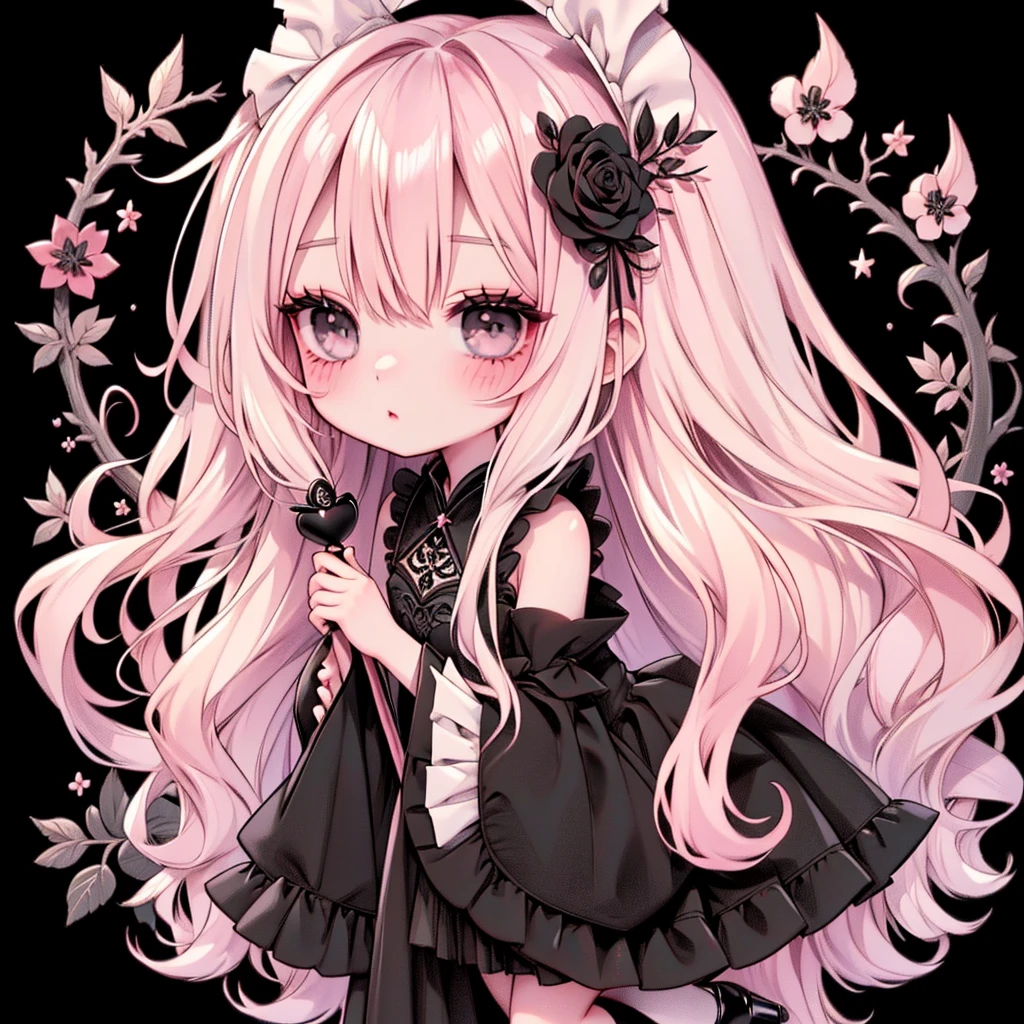  handsome face、Chibi、（ beautiful eyes、 long lashes）、Black clothes、Flared long sleeves、 Shoulder-baring  、One piece flare skirt、Rabbit with stuffed toy、Black and floral pink palette、Gothic Shoes、Positive、Black Rose、🌙、perfect anatomy、heart、