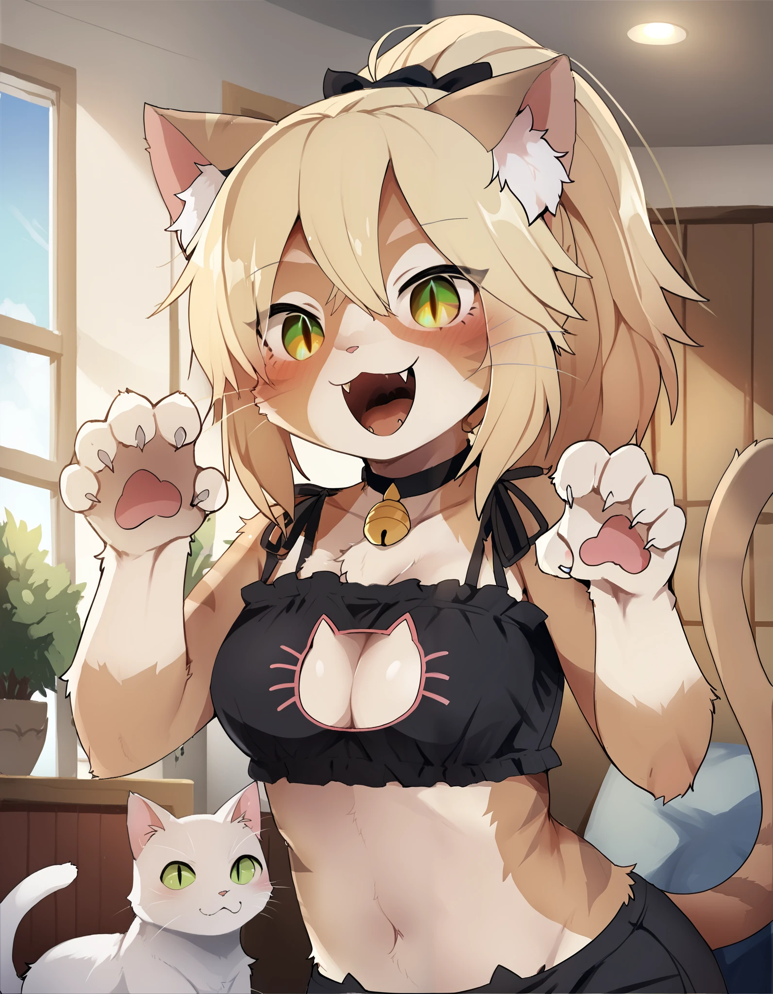 score_9, score_8_up, score_7_up, rating_ safe, solo, 1girl, Dagashi_(Daga2626), cat_girl, cat_ears, cat_tail, breasts, paw_pose, cat_lingerie, happy, fangs, open_mouth, looking_at_viewer, indoors, fur, furry, body_fur, brown_fur, blonde-eyes, slit_pupils, ponytail, red_hair