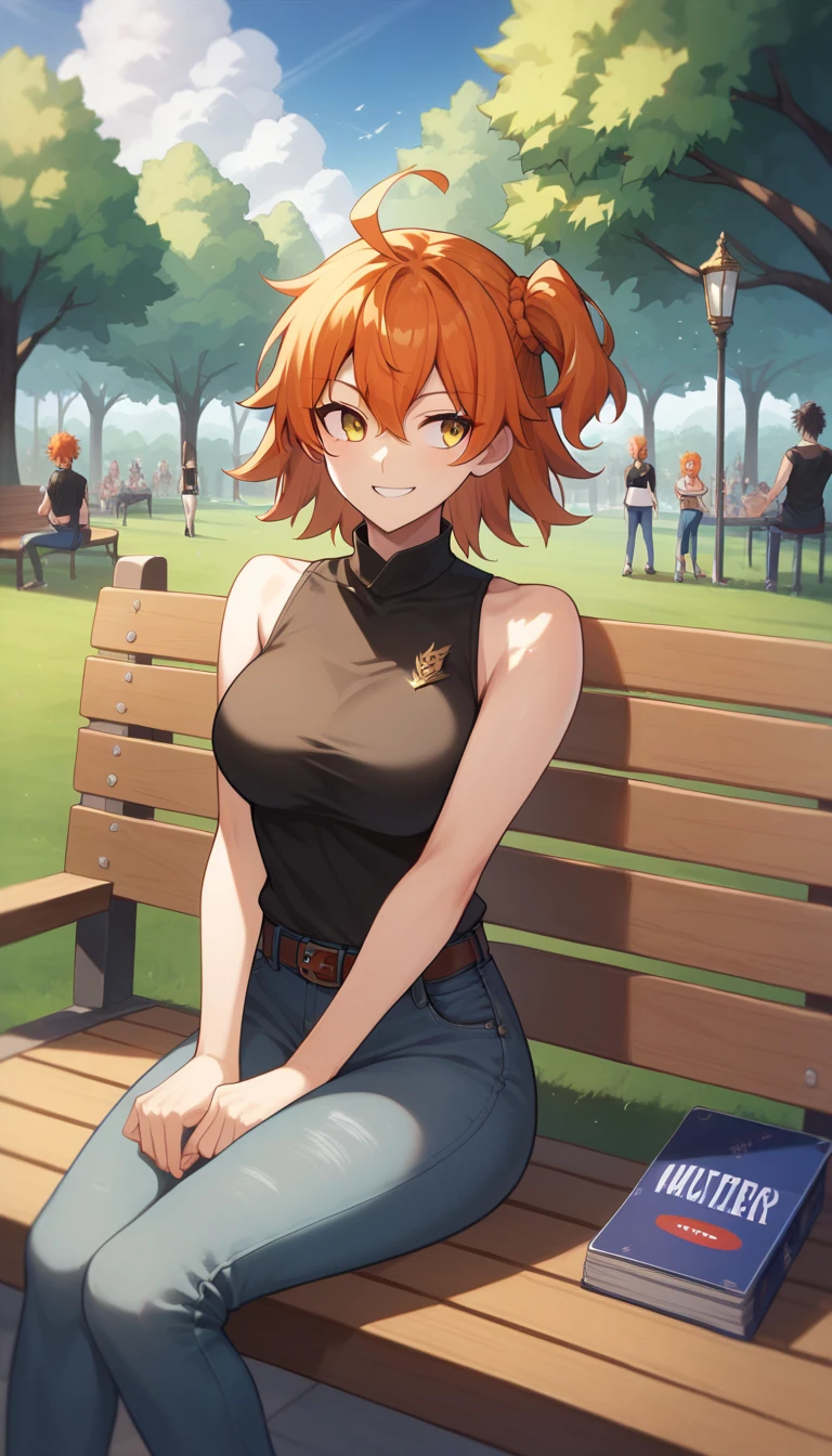 ((1 girl)), ritsuka ,  short hair,  orange hair,  smiling, one side up, collector, collector naranja,  Yellow Eyes , breasts, jean azul, black shirt, sleeveless,  High resolution, ultra-sharp, 8K,  masterpiece,  looking at the spectator, (( masterpiece)), (( high definition )), (( lyrics)), anime badass 8K,  better noise removal ,  The best quality, best render , ritsuka  niña pequeña,  smiling de alegría,  sitting on a wooden bench in the park, ritsuka  joven, ritsuka  e, jeans color azul, black shirt, sleeveless,  looking to the side ,  smiling
