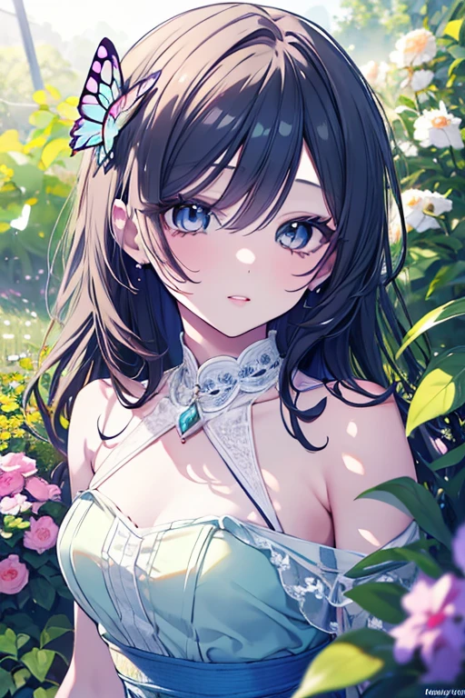 Photorealistic、Highest quality、Highest Resolution、Highest quality、Delicate face、Delicate eyes、8K、One beautiful woman、cute、Bob cut hair、Dark Hair Color、Pale blue eyes、Beautiful breasts、Summer Outfit、