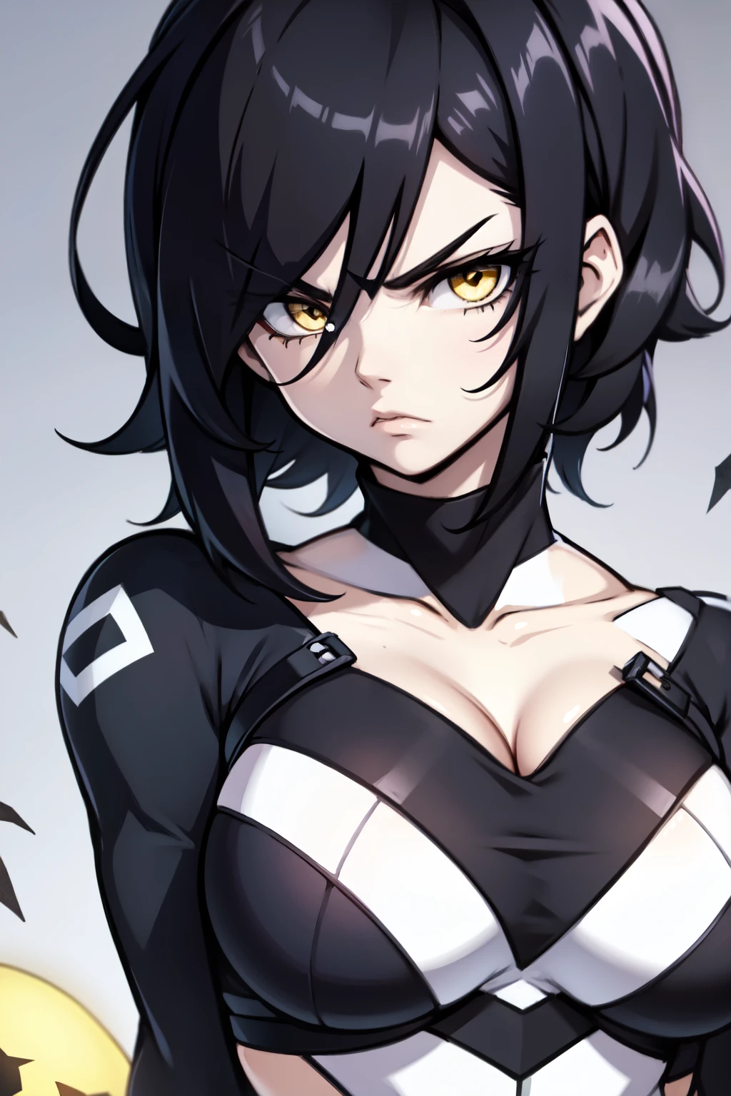 pale girl muscular girl huge breasts black hair yellow eyes expressionless sad