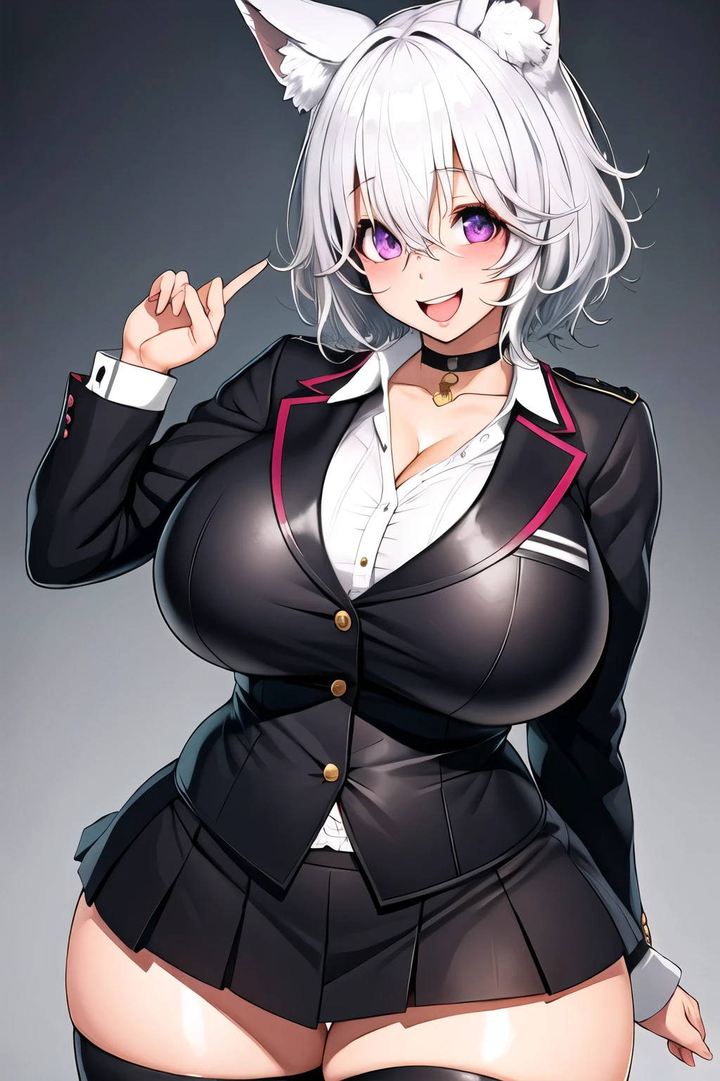 1girl,(solo),gigantic breasts, wide hips, thick thigs,dynamic pose, school uniform, thighhighs, black choker, smile, :d,streen, white hair, purple eyes, fox ears, short hair, extremely detailed eyes,