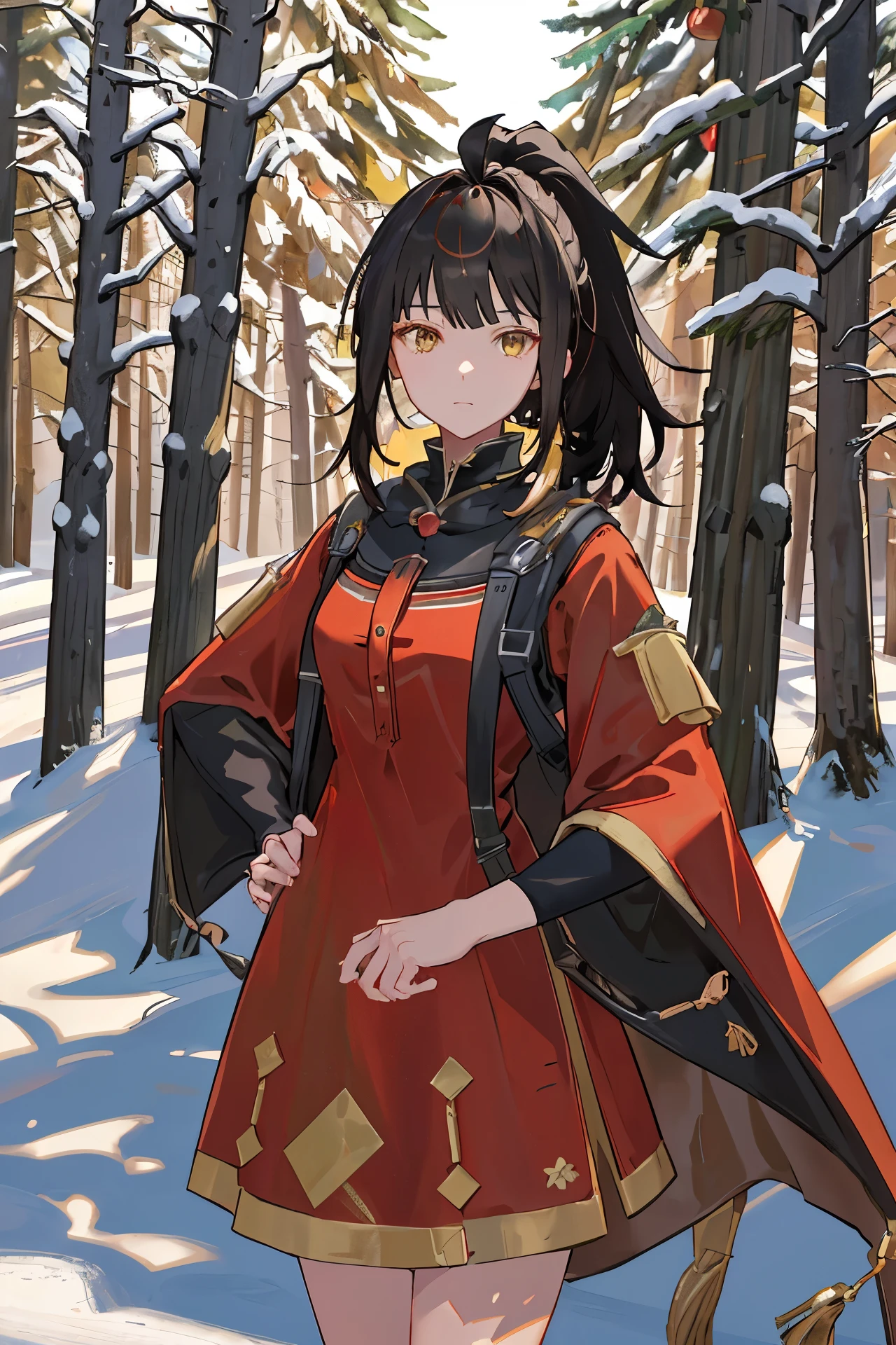 POV, cowboy_shot, SIRIS, christmas dress red, hand_on_hip, black_hair, ponytail, ahoge, yellow_eyes, 1girl, solo, standing, looking at viewer, afternooners, snowy forest,pine, dappled_sunlight, (masterpiece,best quality,beautiful and aesthetic:1.2),