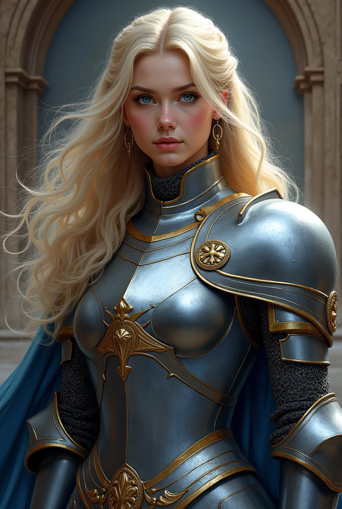 Blue-eyed blonde warrior with gleaming armor and sword with blue crystals