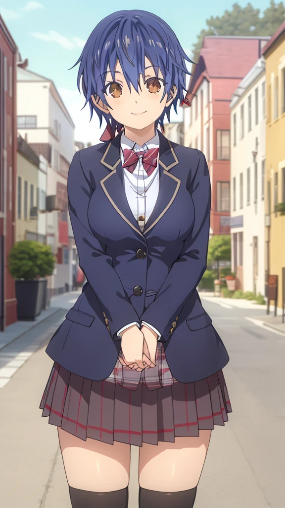 itsuka shido, girl, solo, blue hair, Brown eyes, smile, large breasts, red bow, striped bow, blazer, blue jacket, long sleeves, plaid skirt, brown skirt, black thighhighs, outdoors, cowboy shot, standing, looking at viewer