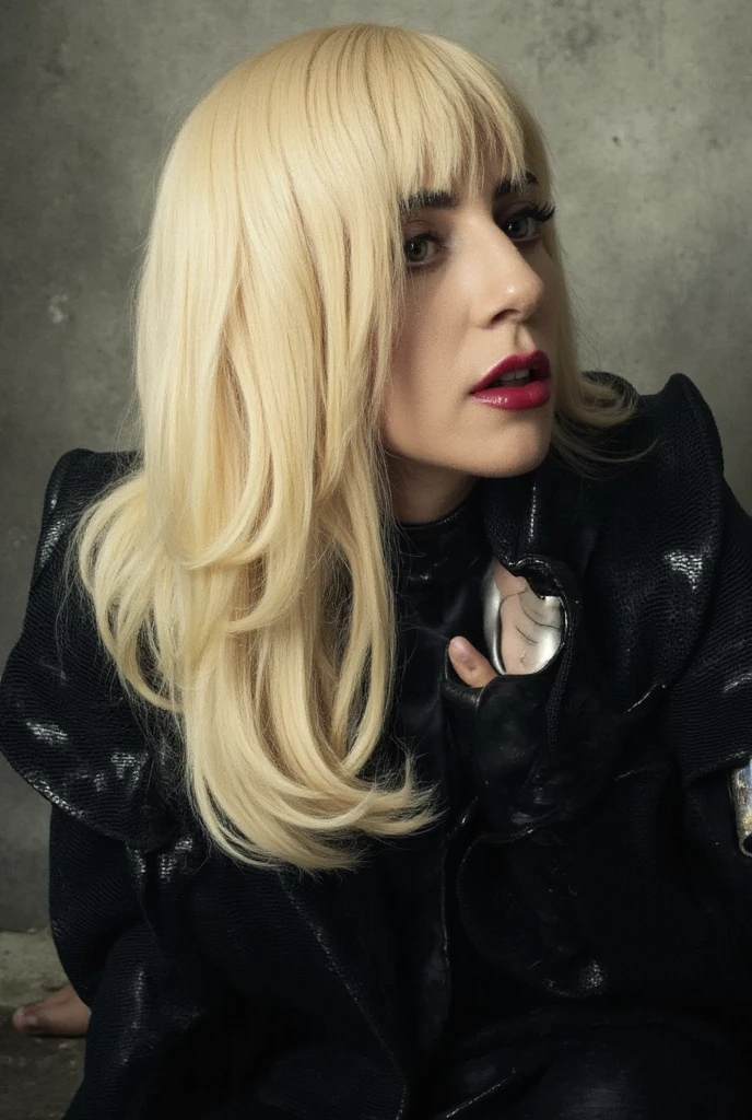 Lady Gaga with a blonde hair with bangs and latex black outfit , terry richardson style