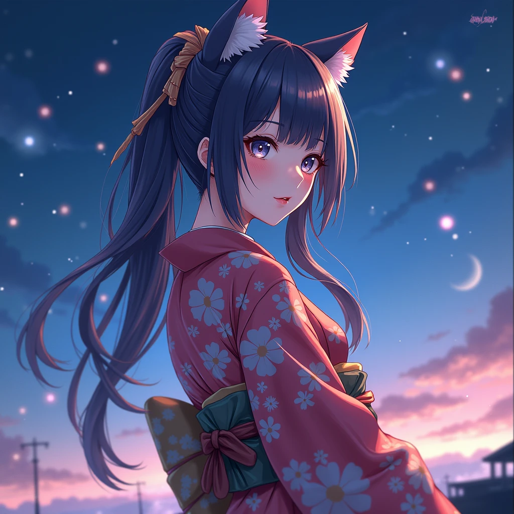 Anime cat ear girl in kimono clothes with cat ears, shoulder looking, anime drawing by Yang J, pixiv contest winner, serial art, digital anime illustration, kawashi, anime style illustration, anime style 4K, beautiful anime portrait, anime style portrait, anime style artwork, Guweiz style artwork, Anime Illustration, Digital Anime Art, Detailed Digital Anime Art, Beautiful Starry Sky, ((Beautiful Night View))