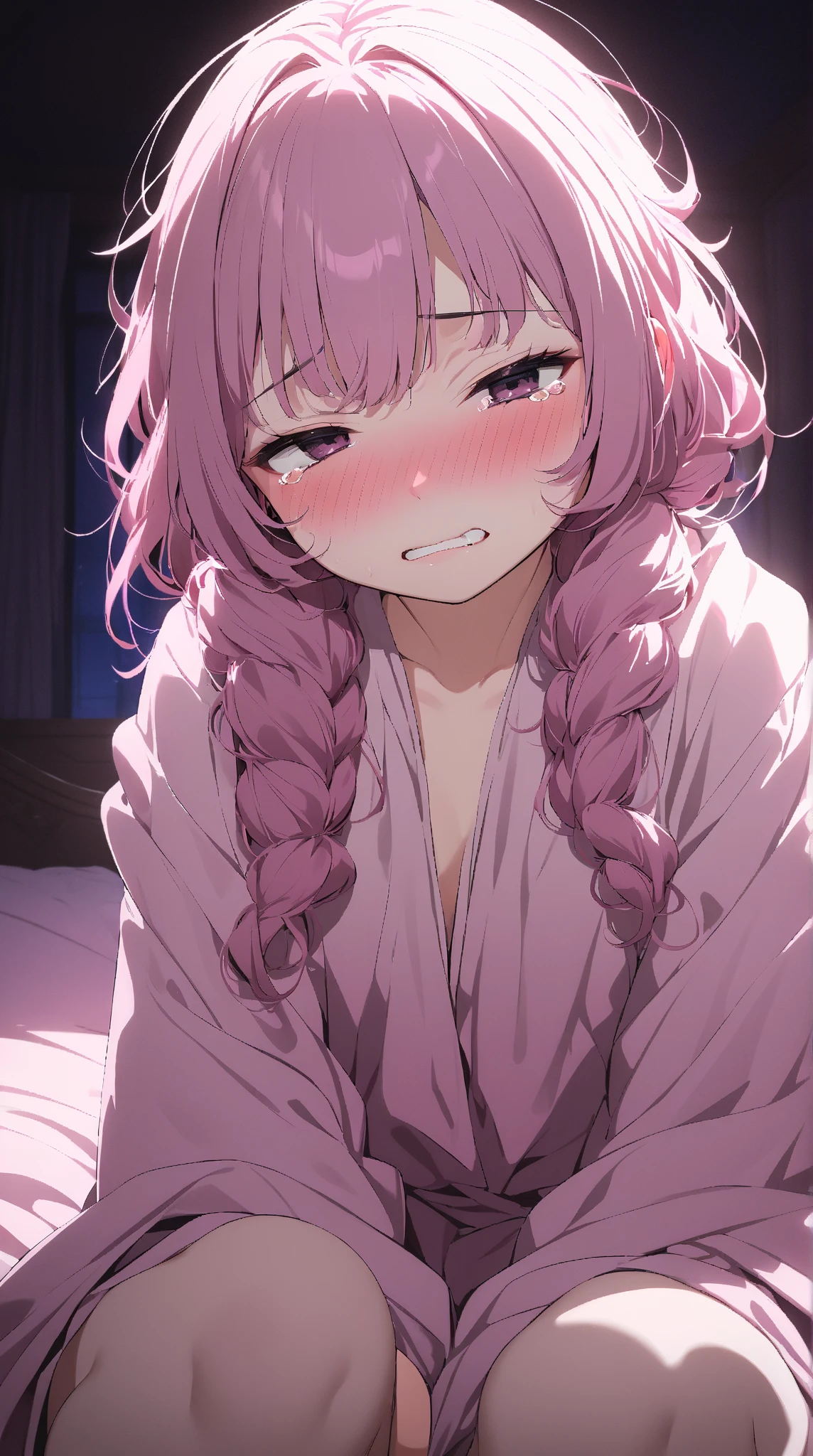 1girl, hakui koyori, top-down bottom-up, virtual youtuber, animal ears, hetero, 1boy, tongue, tongue out, pink hair, animal ear fluff, cum, ass grab, braid, sex, sheet grab, wolf ears, blush, purple eyes, hair ornament, long hair, ass, bangs, solo focus, hair bun, sex from behind, crown braid, sweat, doggystyle, open mouth, nude, antenna hair, saliva, cum in pussy, braided bun, double bun, overflow, hair between eyes, all fours, bed sheet