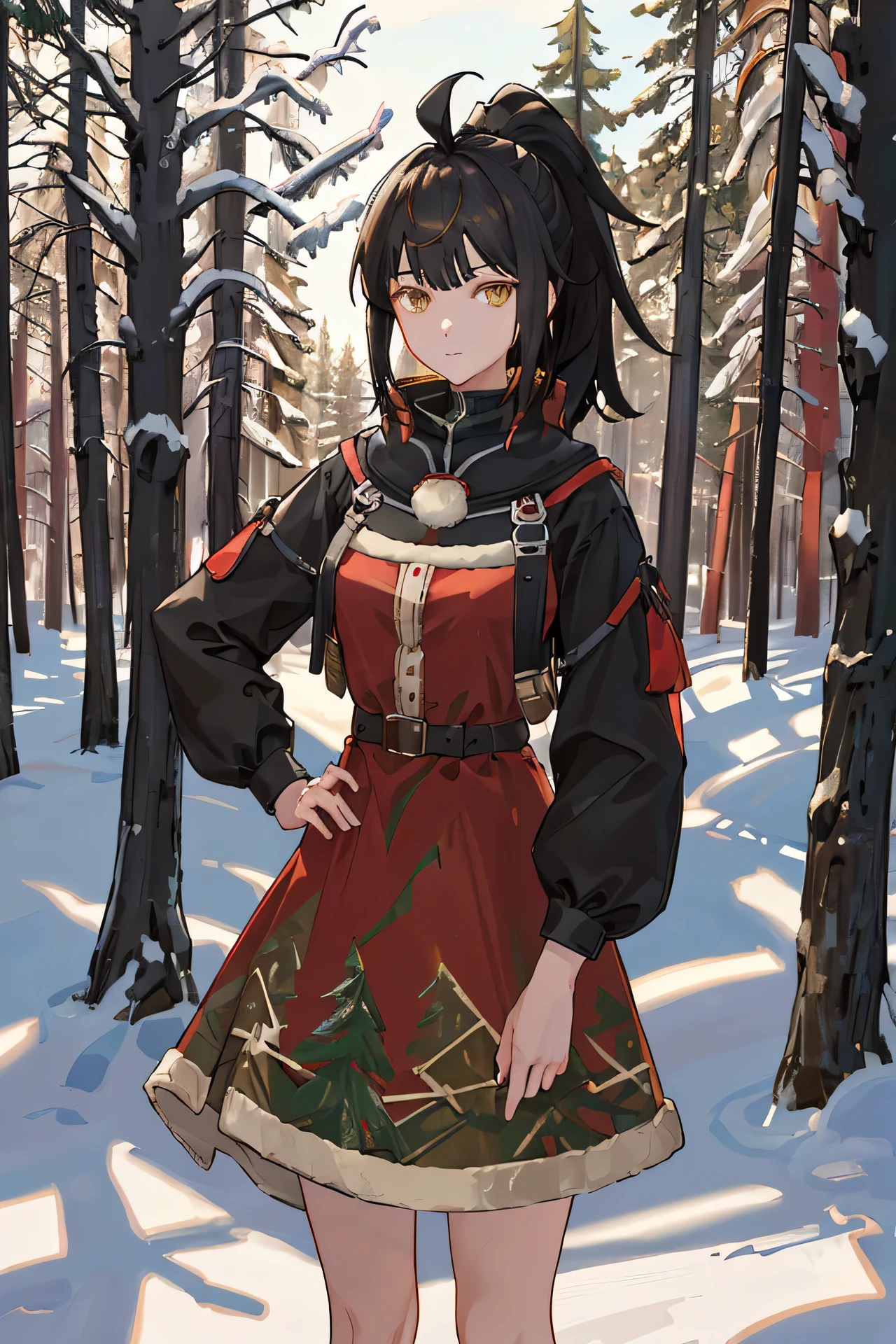 POV, cowboy_shot, SIRIS, christmas dress red, hand_on_hip, black_hair, ponytail, ahoge, yellow_eyes, 1girl, solo, standing, looking at viewer, afternooners, snowy forest,pine, dappled_sunlight, (masterpiece,best quality,beautiful and aesthetic:1.2),