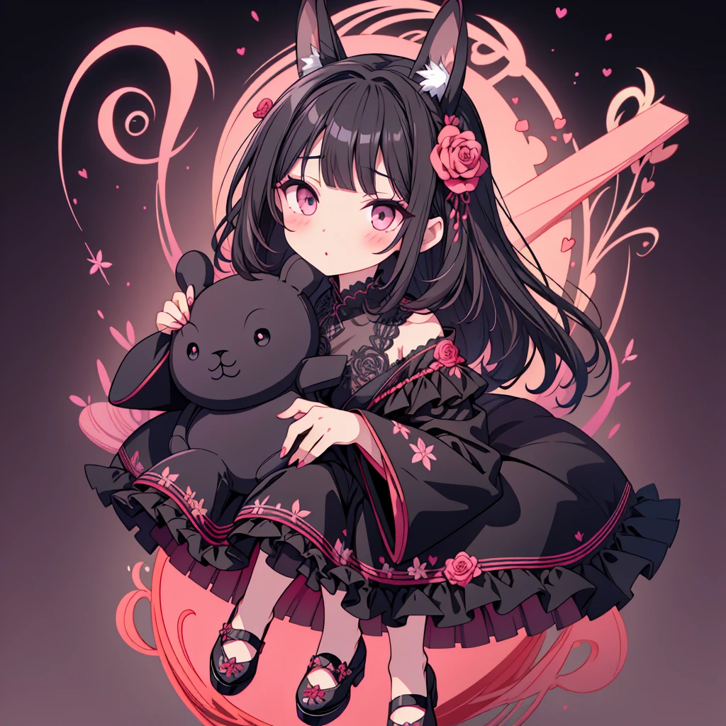  handsome face、Chibi、（ beautiful eyes、 long lashes）、Black clothes、Flared long sleeves、 Shoulder-baring  、One piece flare skirt、Rabbit with stuffed toy、Black and floral pink palette、Gothic Shoes、Positive、Black Rose、🌙、perfect anatomy、heart、