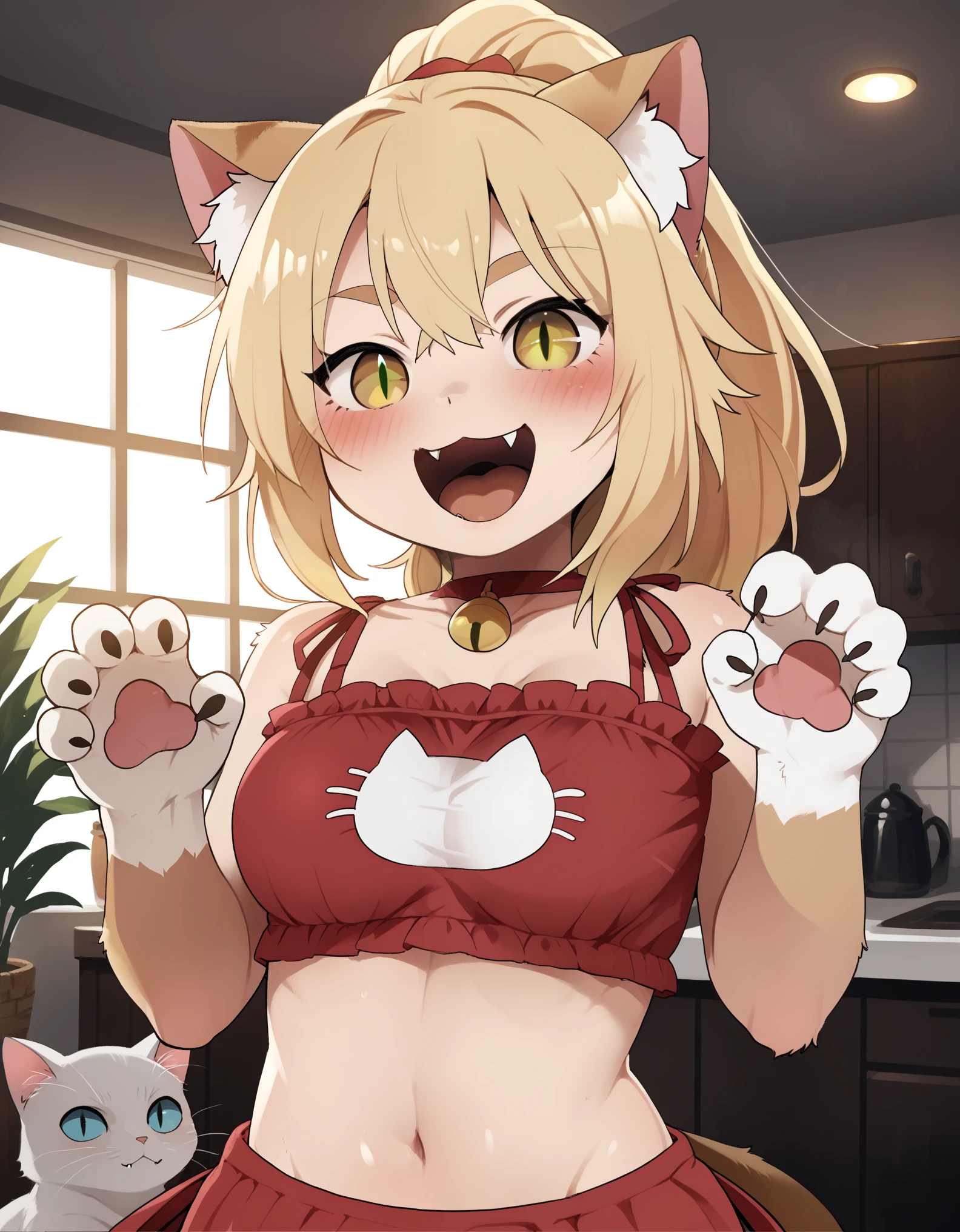 score_9, score_8_up, score_7_up, rating_ safe, solo, 1girl, Dagashi_(Daga2626), cat_girl, cat_ears, cat_tail, breasts, paw_pose, cat_lingerie, happy, fangs, open_mouth, looking_at_viewer, indoors, fur, furry, body_fur, brown_fur, blonde-eyes, slit_pupils, ponytail, red_hair