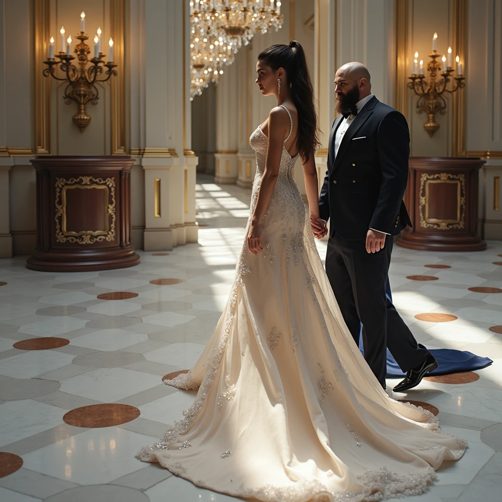 (a prompt that meets the requirements mentioned above):
(a)beautiful detailed Latin looking man with (a) bodyguard suit,(a)serious expression and (sharp focus,photorealistic) eyes,(a)focused gaze,(a)clean-cut hairstyle
running alongside (a)gorgeous white-skinned and dark-haired European girl in a (stunning,flowing) canpesina dress,(1girl)
through the (majestic,ornate) halls and grand staircases of a (luxury,sinister) mansion
(best quality,4k,highres,masterpiece:1.2),(ultra-detailed,professional),(bright vibrant colors),(studio lighting),(soft and warm color tones),(subtle shadows and highlights),(bokeh)
showcasing the (timeless elegance,romantic atmosphere) of the architecture and interior design
against (a backdrop of, highlighted by) (dimly lit,chandelier-lit) rooms and (clandestine,nostalgic) corners
with (an aura of mystery,a hint of danger) and (intrigue,suspense)
The (captivating) interaction between the (determined,confident) man and the (charming,alluring) girl exudes (excitement,adventure),
hinting at an (evocative,suspenseful) storyline that (engages,draws) the viewers' curiosity.
Note: Please remember to avoid using explanations and to format the prompt according to the requirements mentioned earlier.