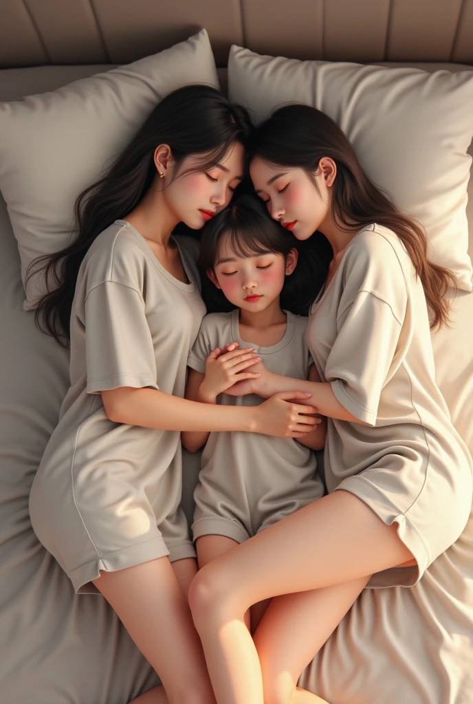 3 people realistic photo. 2 girls are wearing crop top laying down on the bed. Their body is touched by a ****** daughter 