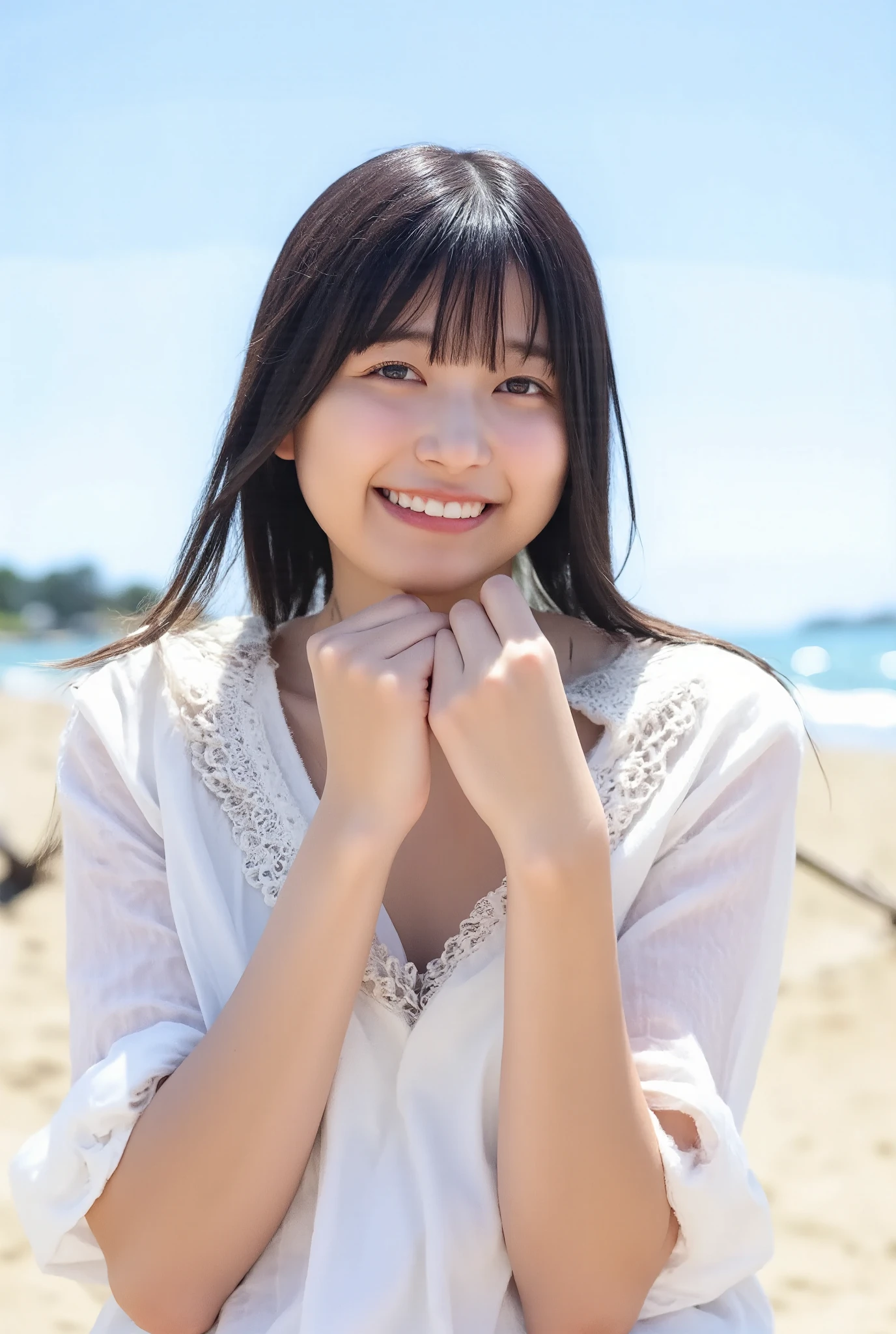 A high resolution photograph of a young Japanese woman, intricate details, volumetric lighting, sharp focus, solo, 1girl, posing for gravure photography, (full frontal, completely nude, naked, sitting on the chair, covering own nipples with both hands making a fist :1.4), slender body, fair skin, detailed face, detailed eyes, sophisticated nose, lewdlook, (perfect hand, perfect anatomy, correct anatomy), outdoors, resort beach, blue sky, summer,