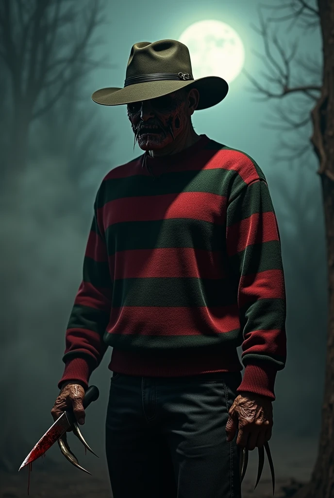 8k、Dark fantasy、,Ultra HD、Amazing image quality,4k、A Nightmare on Elm Street、Freddy Krueger、Wearing a hat、Burned Skin、Red and black striped sweater、nails are long、Full Body Shot,Give the viewer a malicious look, Grabbing Viewer, For the viewer,Misty marshland background,Shallow depth of field, Vignette, Very detailed, High budget, Bokeh, CinemaScope, Sulky, amazing, nice, Film Grain, granular . Creepy, Anxious, dark, Creepyな, Suspenseful, strict, Very detailed