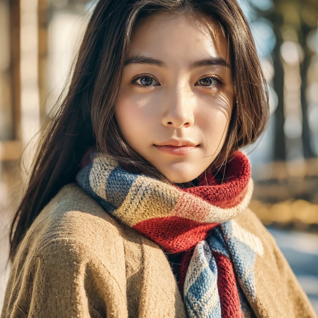 A hyper-realistic image of a single Japanese woman in her early 20s, captured with the nostalgic warmth and subtle graininess of a film camera. She is dressed in a variety of stylish winter attire, such as cozy knit sweaters, patterned scarves, tailored coats, or fluffy jackets, with vibrant and colorful details to add personality and warmth to her look. Her skin has a natural warm beige tone, with a deliberately rough texture that includes visible pores, fine lines, and small variations in tone, enhancing the realism. The soft, diffused natural light creates gentle, organic shadows that highlight her facial features without smoothing over the natural imperfections of her skin. Her straight, slightly tousled black hair frames her face naturally, moving slightly with an imagined breeze, while her deep brown eyes reflect the ambient light, adding depth and emotion. The image captures her from the shoulders up, focusing on her face and upper attire, with the film camera effect introducing a subtle graininess and soft focus to evoke a nostalgic, timeless atmosphere. The overall composition is designed to showcase her individuality, with her vibrant winter clothing and realistic skin texture creating an authentic and visually striking portrait.