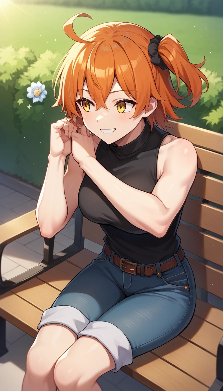 ((1 girl)), ritsuka ,  short hair,  orange hair,  smiling, one side up, collector, collector naranja,  Yellow Eyes , breasts, jean azul, black shirt, sleeveless,  High resolution, ultra-sharp, 8K,  masterpiece,  looking at the spectator, (( masterpiece)), (( high definition )), (( lyrics)), anime badass 8K,  better noise removal ,  The best quality, best render , ritsuka  niña pequeña,  smiling de alegría,  sitting on a wooden bench in the park, ritsuka  joven, ritsuka  e, jeans color azul, black shirt, sleeveless,  looking to the side ,  smiling, alone, 1 girl