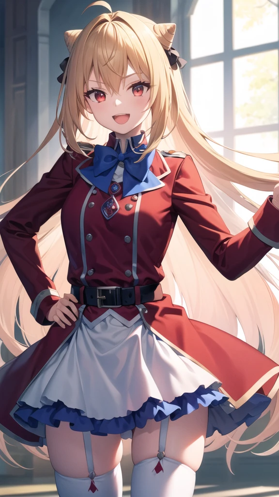 masterpiece, best quality, highres, 1girl, solo, long hair, blonde hair, cone hair bun, hair ornament, hair intakes, ahoge, bangs, red eyes, blue bowtie, red jacket, red coat, long sleeves, belt, white skirt, garter straps, white thighhighs, hand on hip, smile, open mouth,