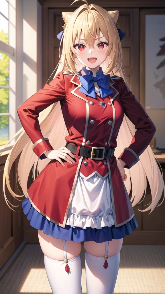 masterpiece, best quality, highres, 1girl, solo, long hair, blonde hair, cone hair bun, hair ornament, hair intakes, ahoge, bangs, red eyes, blue bowtie, red jacket, red coat, long sleeves, belt, white skirt, garter straps, white thighhighs, hand on hip, smile, open mouth,