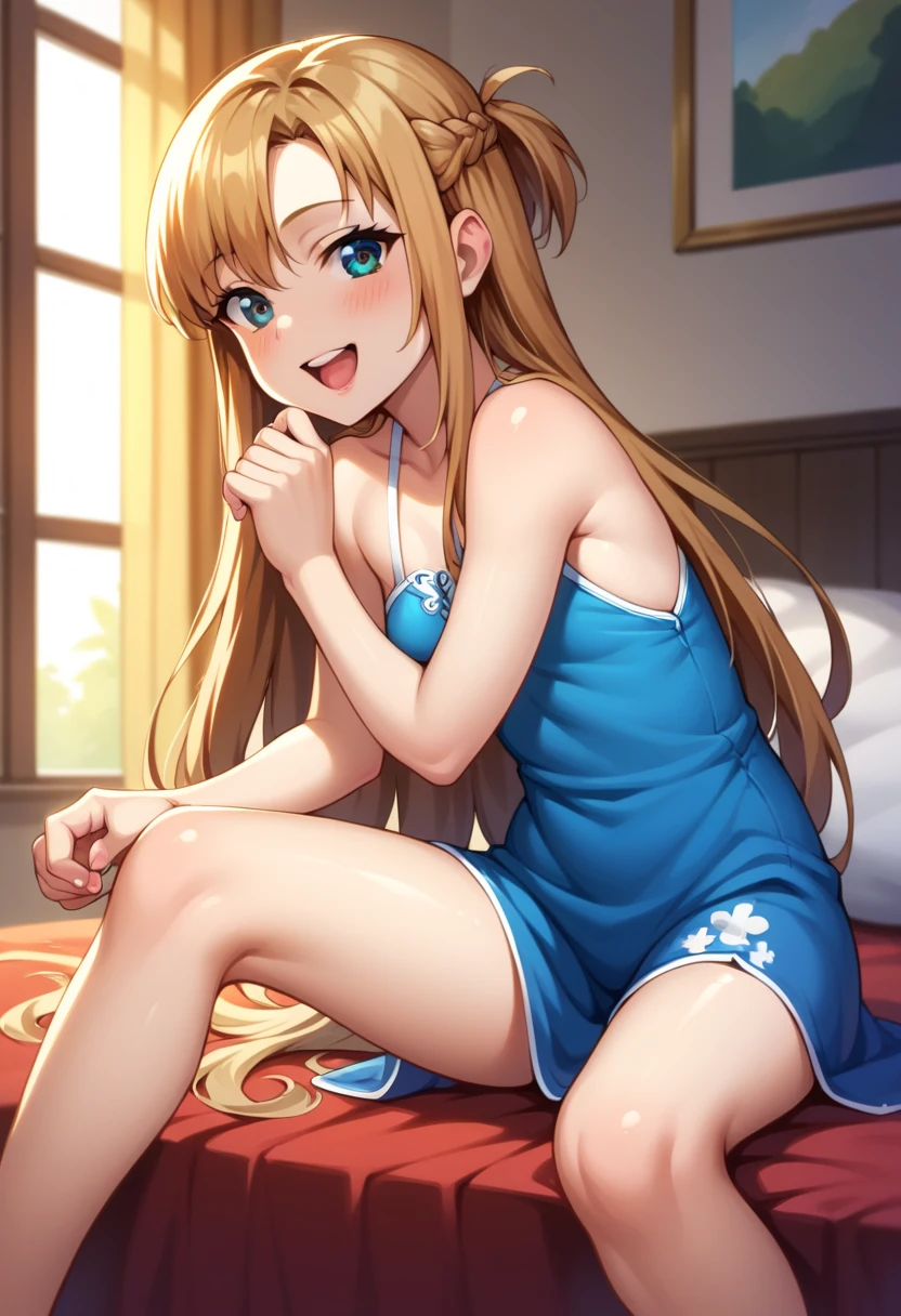 (( best quality)), ((masterpiece)), (be familiar with),  perfect face, indoor, bedroom,  putting their fingers in their lips,
One woman,  Asuna Yuki,
 characters with open mouth ,  ecstatic expression with hands in front of body, blush, smile,
Small breasts,  flat chested, Young girl, Lori,  kids,  girl,
 long hair,  long hair,
Leg spread,