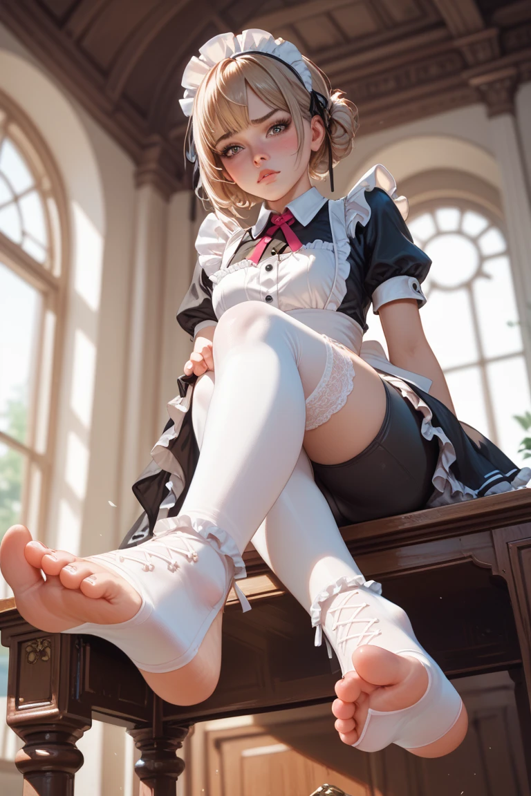 1 girl, maid, sitting, frilled socks, from below, soles, embarrassed, bike shorts, pouty lips, toeless legwear, cross-laced legwear, masterpiece, best quality, uncensored