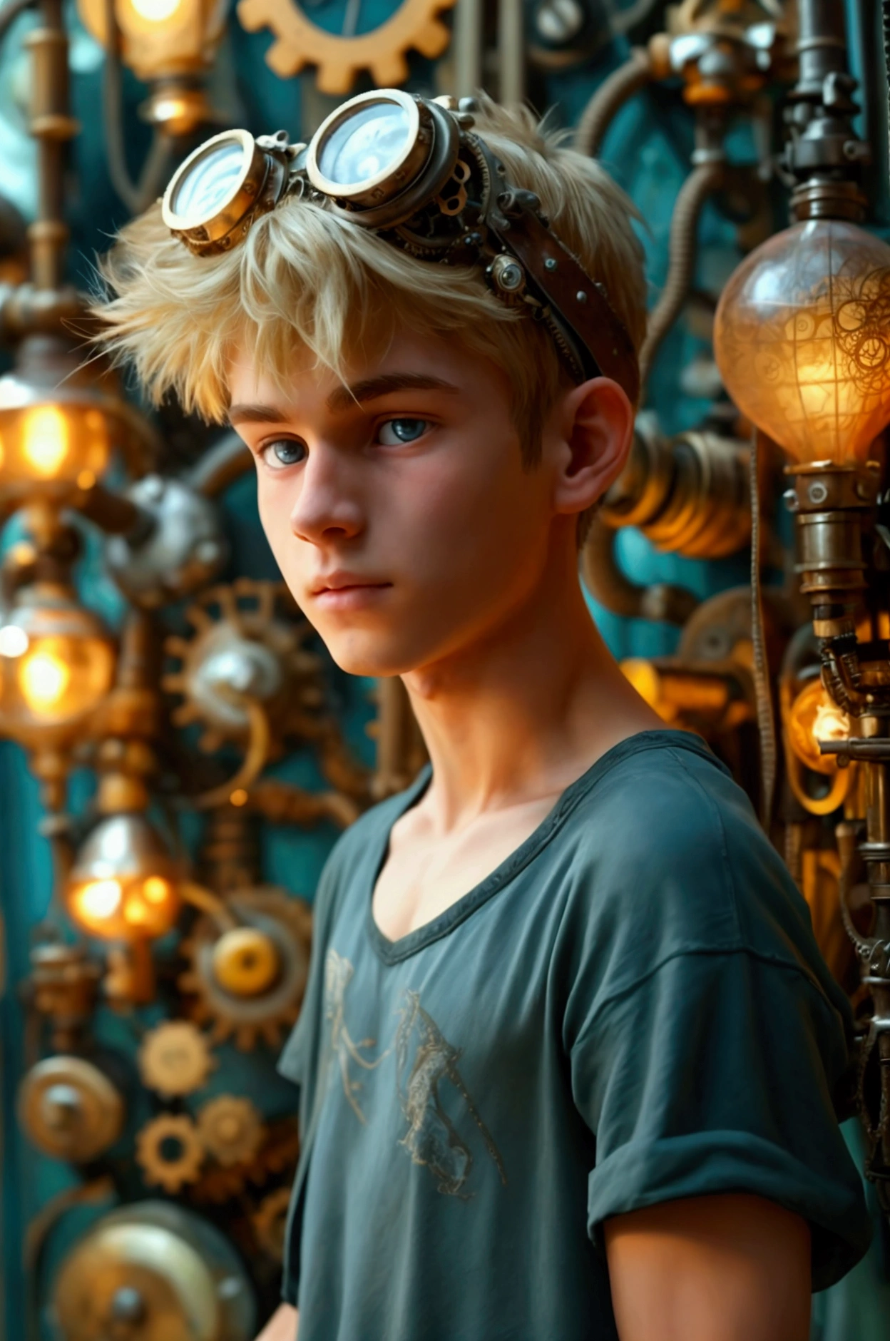 A photo of a young  male cute boyish imature shirtless 18yo teenager, Innocent face, innocent expression super skinny, blond, handsome, cute handsome boyish face,   wearing a super tight shorts hyperrealism photo. Full-body male focus. Focus on male cuteness.  Perfect anatomical proportions.(( Shirtless posing )) for his photograph in front of an intricately designed steampunk indus with many intricate steampunk gadgets. Steampunk setting. Perfect face. Engine grease streaks on his bare chest and arms.