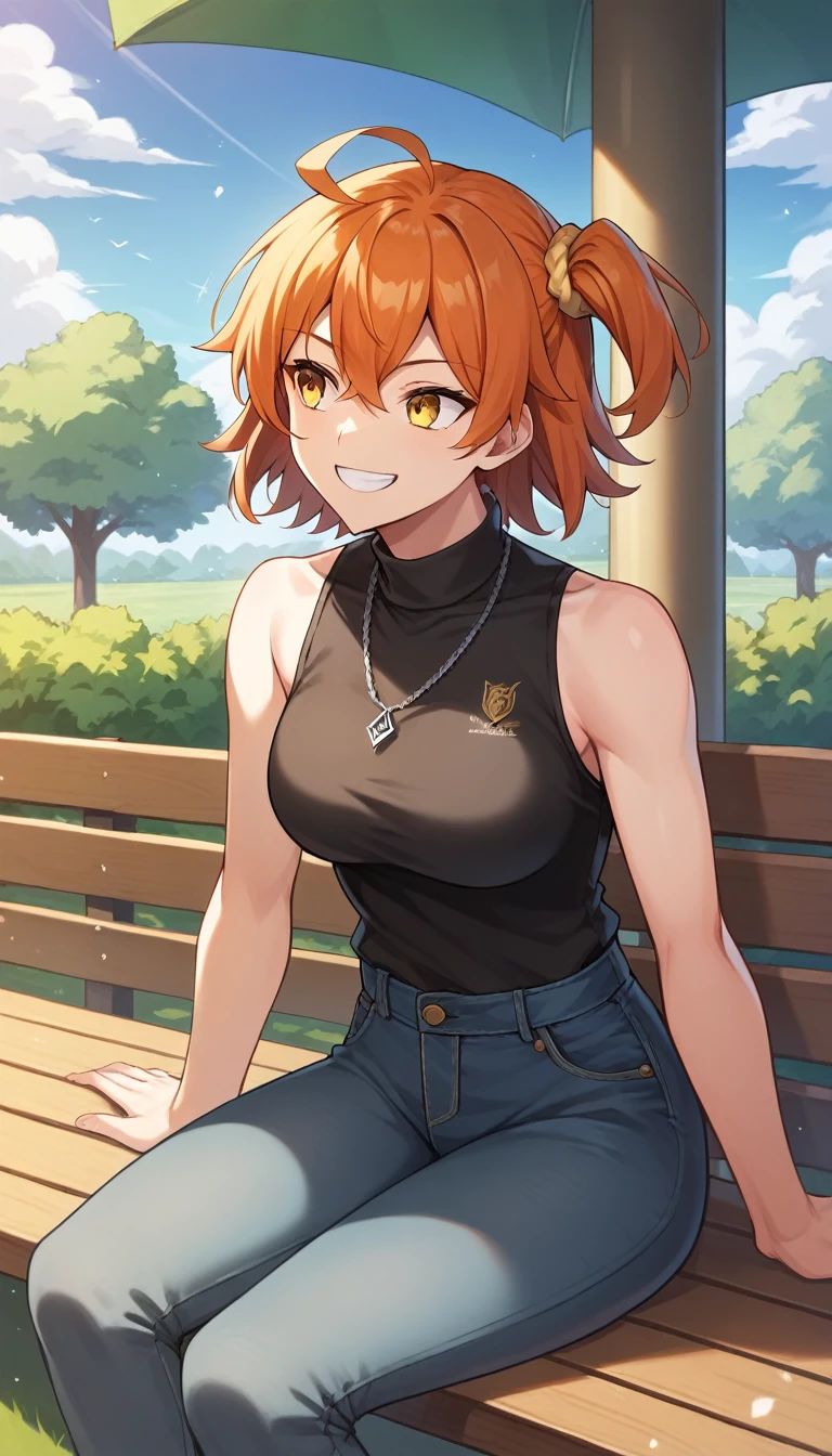 ((1 girl)), ritsuka ,  short hair,  orange hair,  smiling, one side up, collector, collector naranja,  Yellow Eyes , breasts, jean azul, black shirt, sleeveless,  High resolution, ultra-sharp, 8K,  masterpiece,  looking at the spectator, (( masterpiece)), (( high definition )), (( lyrics)), anime badass 8K,  better noise removal ,  The best quality, best render , ritsuka  niña pequeña,  smiling de alegría,  sitting on a wooden bench in the park, ritsuka  joven, ritsuka  e, jeans color azul, black shirt, sleeveless,  looking to the side ,  smiling, alone, 1 girl
