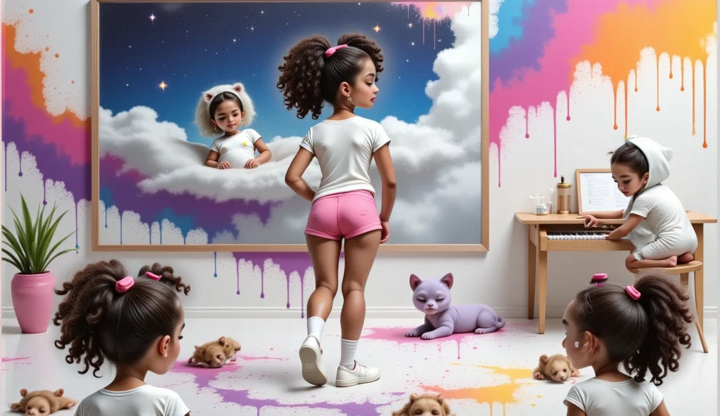 Inspired by Disney Pixar characters and films create the image of a  with curly hair of African descent tied in two ponytails from behind wearing a white t-shirt without any print very short pink shorts sensual and attractive white socks up to her knees and white sneakers everything white in her is dirty with paint without exception including her t-shirt and socks, she is 1.35 tall, she is a , but she is sensual, attractive, charming, bold, depraved, she is painting on an orange, red and yellow wall right in the center a beautiful starry night with a comfortable cloud that appears to be a crib in the sky where a baby sleeps wearing lion-themed hooded pajamas. In the background of the cloud we have a sky full of stars and a breathtaking full moon. She makes a realistic painting of a baby in a realistic painting that I have never put on. It has lion ears. The sky and the moon are also realistic around this huge wall inside this bedroom that appears to be her room, which is all dirty with paint. The walls are warm shades of orange, yellow and red. The entire room is dirty with paint with paint cans scattered around. In the background we see a giant music box that emits a white light from its lid and from the bottom of the box. A baby in diapers plays a piano from which musical notes come out. On the bed of the baby, a purple cat of the breed is sleeping next to the cat. Take a white hamster with caramel spots around its closed eyes, just like animals sleep with their eyes closed lying on the bed of the baby.