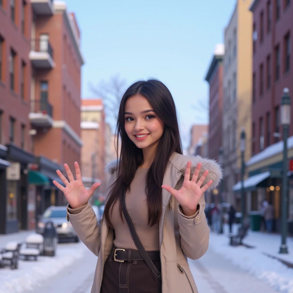 (morning), 1girl, solo,  looking at the audience, winter, cowboy shot, (downtown), cowboy shot, smile, black hair