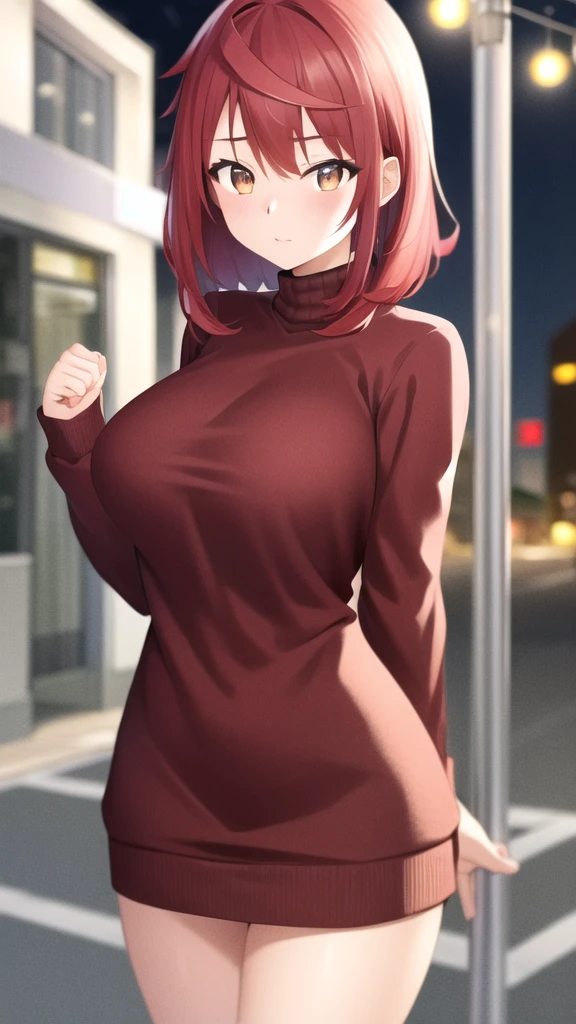 masterpiece, best quality, highres, girl, solo, looking at viewer, enjou_retto, Red hair, Brown Eyes, large breasts, sweater dress, long sleeves, turtleneck, outdoors, street, standing, cowboy shot, night