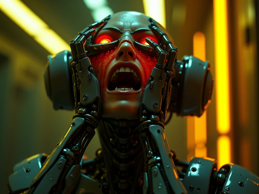 a close up of a person with a creepy face and a creepy face, frame from prometheus movie, scene from the movie prometheus, still frame from prometheus, movie still of a alien cyborg, scene from prometheus movie, detailed practical effects, still from alita, vfx movie closeup, nekro xiii, resident evil virus concept art --auto --s2