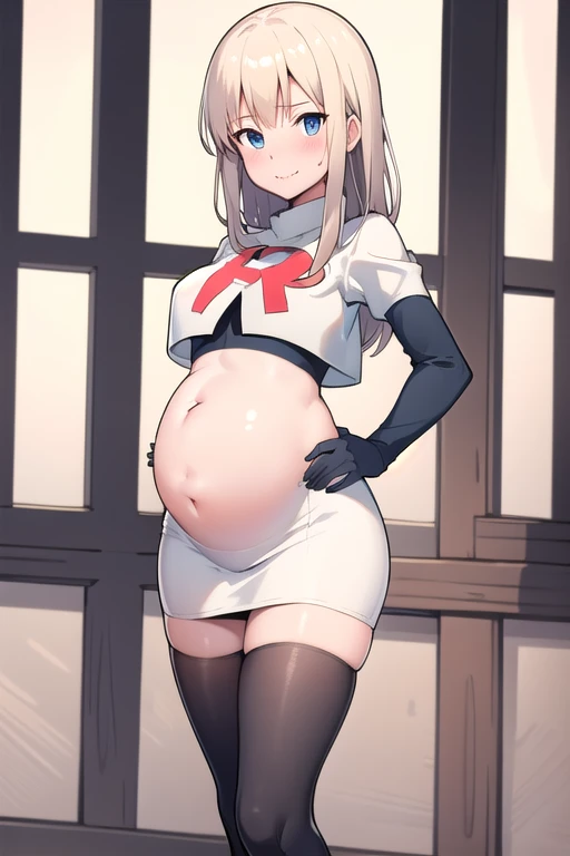 (masterpiece:1.2, best quality), (intricate details), (mature woman, milf), (tall:1.2), anime, solo,mature, team rocket,team rocket uniform,white skirt,red letter R,crop top,black thigh-highs,black elbow gloves, field of depth, cowboy shot, pregnant,