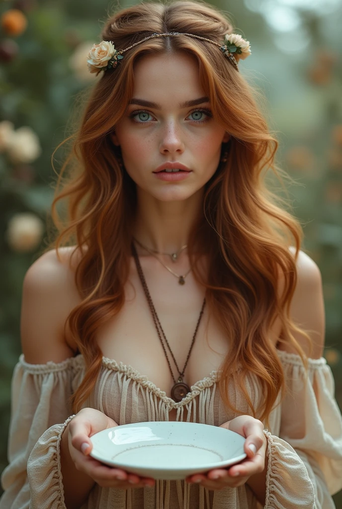 Beautiful, sexy, cute and a little bit shy teen with wonderful green eyes and red long hair. She is teasing with her outfit. She stands in beautiful nature. She wears hippie clothes and presses her breast against each other