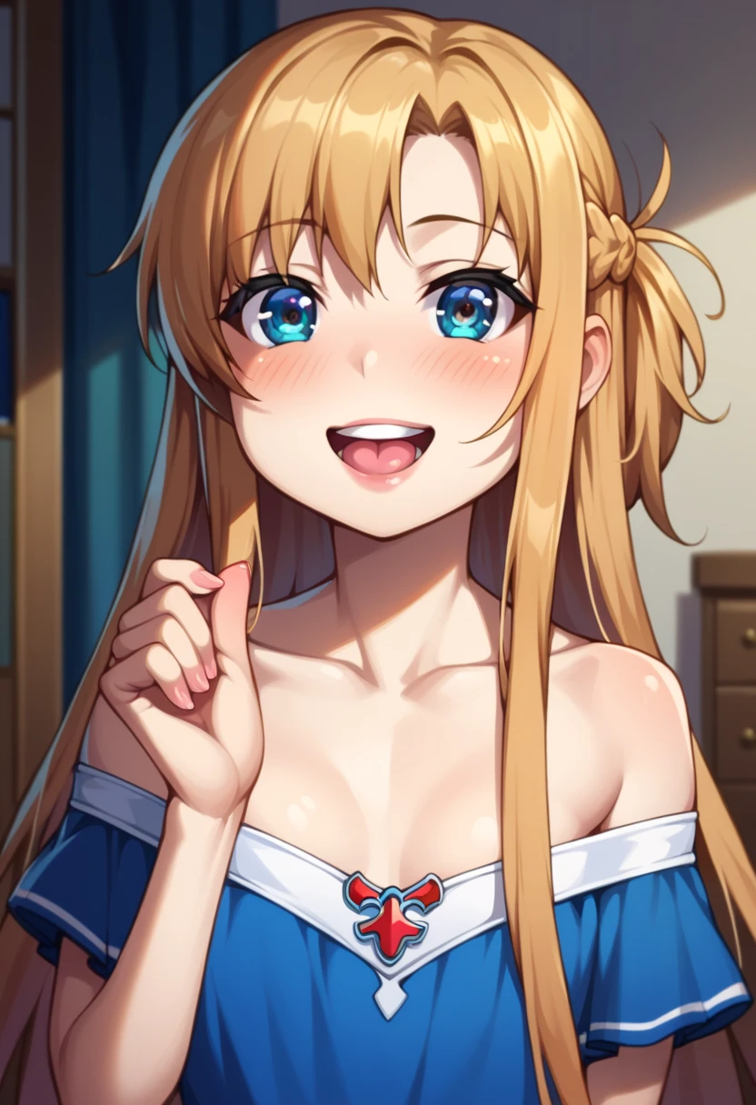 (( best quality)), ((masterpiece)), (be familiar with),  perfect face, indoor, bedroom,  putting their fingers in their lips,
One woman,  Asuna Yuki,
 characters with open mouth ,  ecstatic expression with hands in front of body, blush, smile,
Small breasts,  flat chested, Young girl, Lori,  kids,  girl,
 long hair,  long hair,
Leg spread,