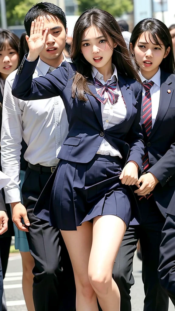 (((Navy high ,school tie, sheath skirt suit)))、high school girl、Japanese,18yo,See-through shirt with see-through bra、(masterpiece:1.4), (best quality:1.4) ,8K,cinematic lighting,((best quality)), (masterpiece) , (realistic shadow) ,(intricate details:1.4),  detailed eyes、Spring outdoor、perfect anatomy body proportions ,hdd 、Small panties、Small panties、Pubic hair can be seen through the lace of the panties、(camel toe),(((Underwear is white, white lace material underwear..)))、(((See all panties)))、(((I must be wearing a skirt)))、(((Lift up the hem of the skirt)))、sit in triangle，Thighs slightly inwards、Natural light is too bright、rays of sunshine、Detailed lace panty pattern、(((When standing, She lifts up her skirt to show her underwear to the camera.)))、(((Beautiful arrangement and snow-white teeth)))、(((Lift the skirt bigger and bigger、Show your panties to the camera)))、Companies are the most popular、The most beautiful staff、Ultra-thin body、Slim model、beautiful postures,Black wavy mideum pixie hair,Her eyes sparkled.、shiny lip, BREAK Black-colored ultra-thin knee highsocks、((wind effect:1.5)), ((blue sky)), ((cherry blossom:1.4)), high res,8k raw photo,photorealistic, (falling cherry-blossoms:1.3),windlift,
