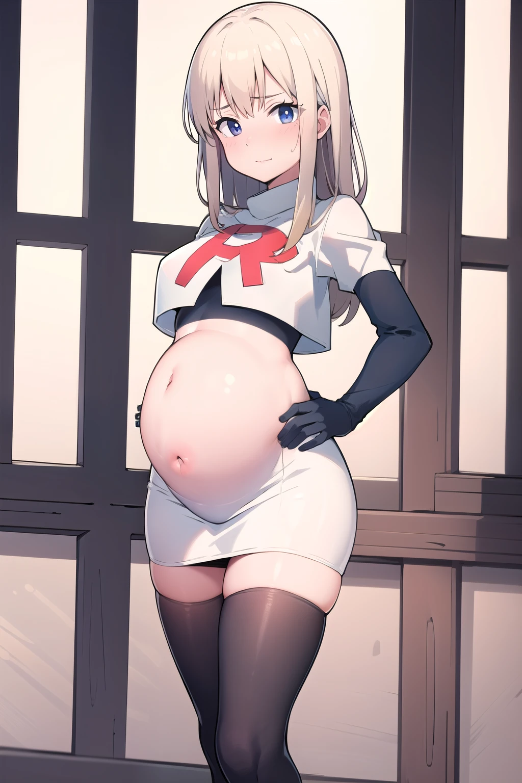 (masterpiece:1.2, best quality), (intricate details), (mature woman, milf), (tall:1.2), anime, solo,mature, team rocket,team rocket uniform,white skirt,red letter R,crop top,black thigh-highs,black elbow gloves, field of depth, cowboy shot, pregnant,