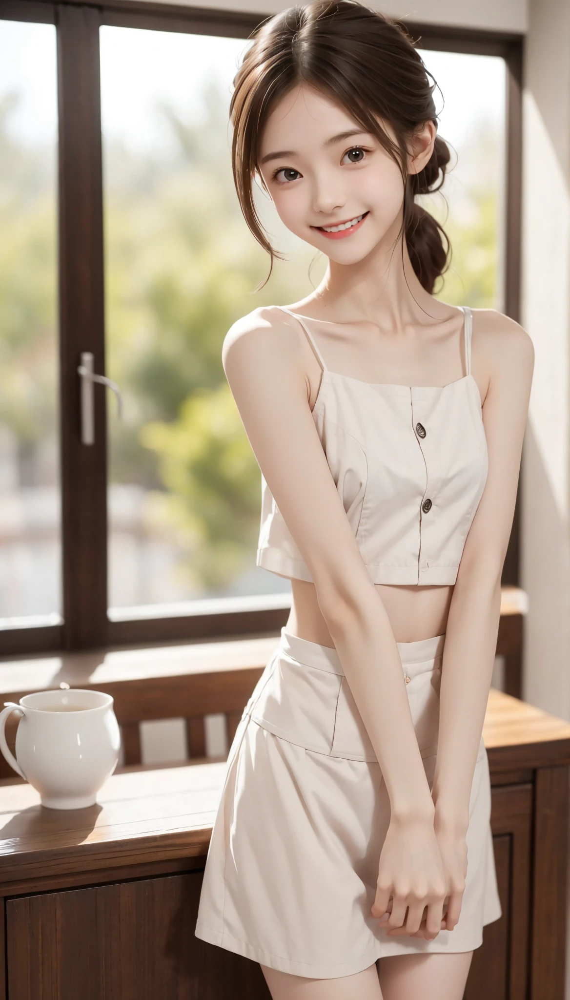 Maid,cute pretty girl,masterpiece,high definition,4k,8k,16k,chignon hair,brown hair,skinny,thin body,smile