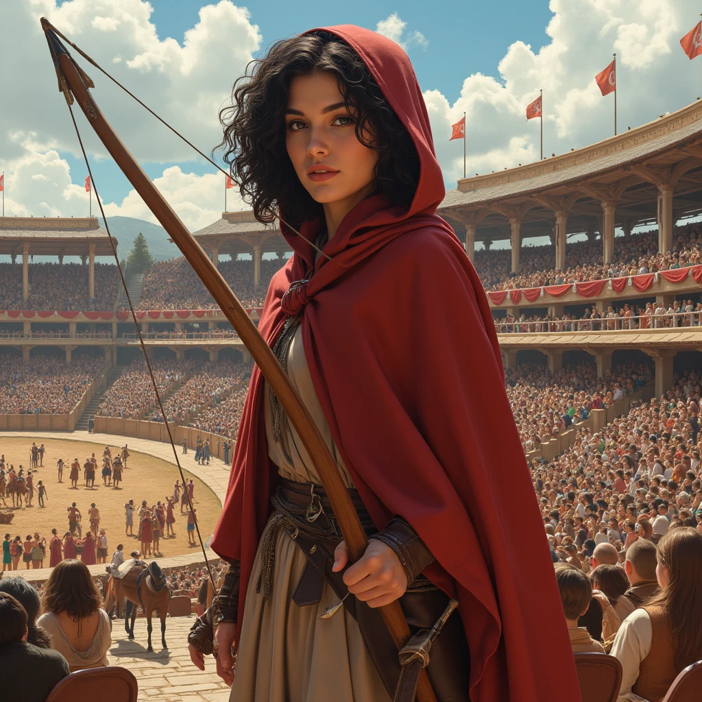 Lily Collins with black curly hair with red hood, medieval clothes, bow and arrow in hand, entering an arena landscape filled with bleachers and audience watching the illustration is detailed, smooth and bright, HD art by Citemer Liu