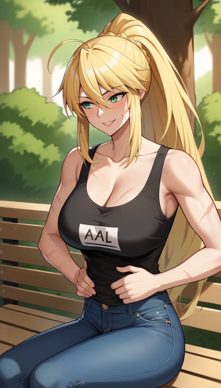 (((throw)), artoria, destination, blonde hair, blue-green eyes,  High resolution, ultra-sharp, 8K,  masterpiece,  looking at the spectator, (( masterpiece)), (( high definition )), (( lyrics)), anime badass 8K,  better noise removal , La  better quality , best render ,  smiling with joy ,  sitting on a wooden bench en el parque, ( better quality :1.3), (4K quality), Good composition, bright green light, Headrest, Lips, ( long hair  atado bajo, (day:1.2), (( masterpiece)), (( high definition )), (( lyrics)), anime badass 8K,  better noise removal , La  better quality , best render , blonde hair, tied hair,  long hair ,  long hair  atado, cintura slim, muscle girl, Full arms, without errors,  long hair  atado, high ponytail, hide breasts , girl smiling,  girl looking forward , blue-green eyes, golden hair, usando su jeans negros y  black sleeveless t-shirt, hide breasts , slim, signs of fatigue, (From behind: 1,9), parada de espaldas, walking away from the camera,  taking a step away from the camera , body scars, jeans negros,  black sleeveless t-shirt, scars on the arms,  sitting on a wooden bench, alone, only girl , girl smiling de alegría,  hands on the waist,  mature woman 